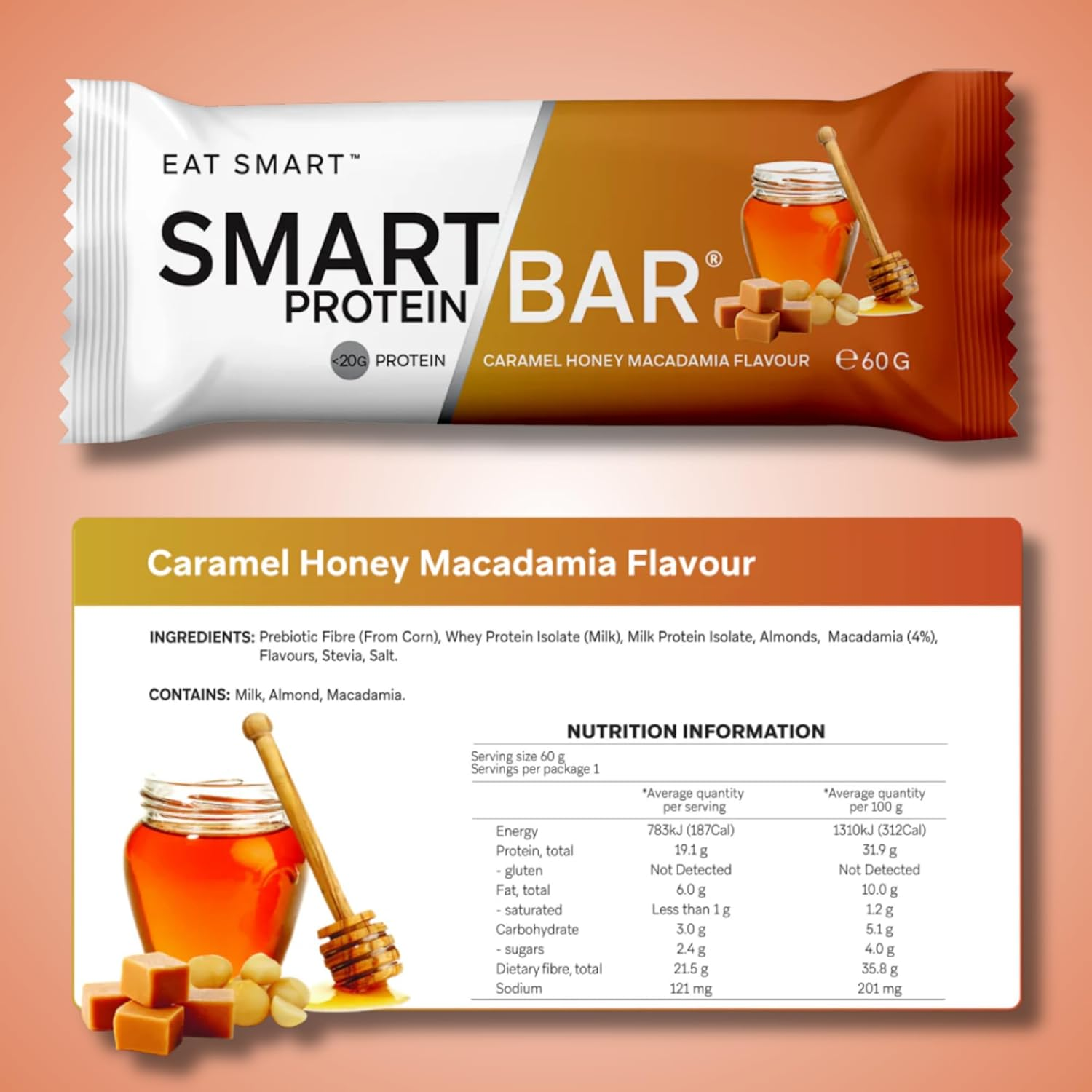 Smart Bars Protein Bar - Caramel Honey Macadamia, 12 X 60 G | 19.1 G High Protein Snack, Keto Friendly, Nutritional, Low-Carb, Low Sugar