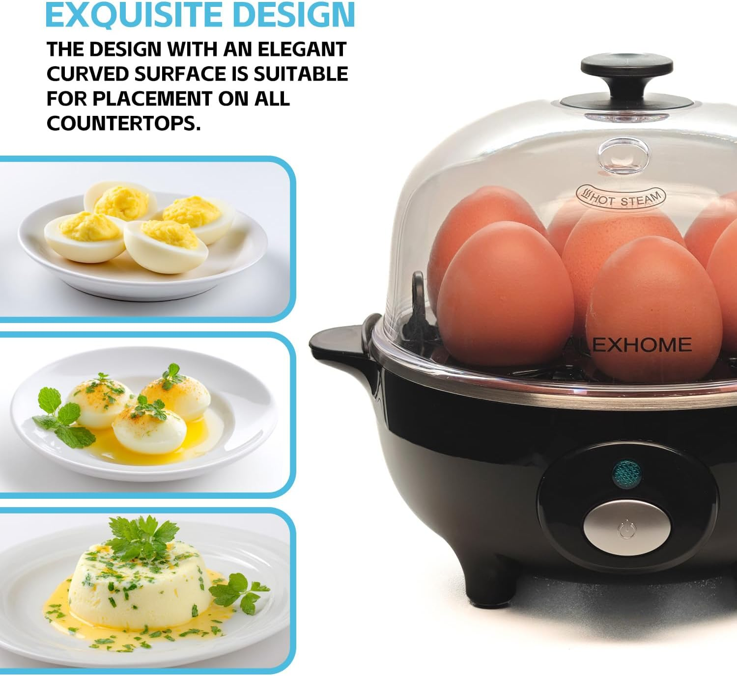 ALEX HOME Rapid Egg Cooker, 7 Capacity, Soft Medium Hard Boiled Eggs, Poacher & Omelet Maker, Auto Shut-Off & Buzzer, Easy Clean &ndash; Black image number 1