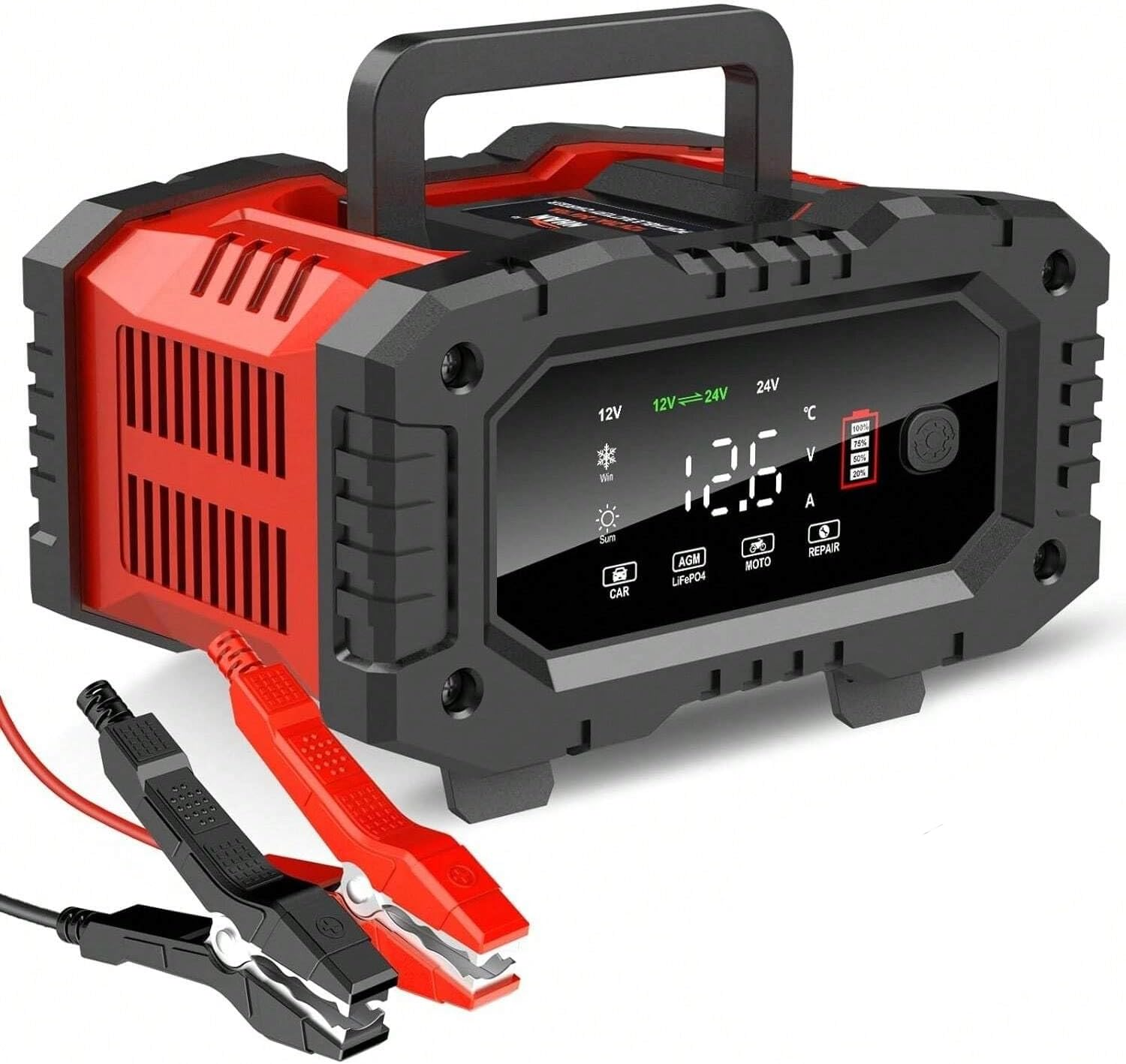 Portable Smart Car Battery Charger for 12V 20A / 24V 10A Motorcycle Truck Lawn Mower Lead Acid AGM Gel Lifepo4 Batteries Tender Automotive Fast Pulse Repair Trickle Chargers Maintainer image number 5