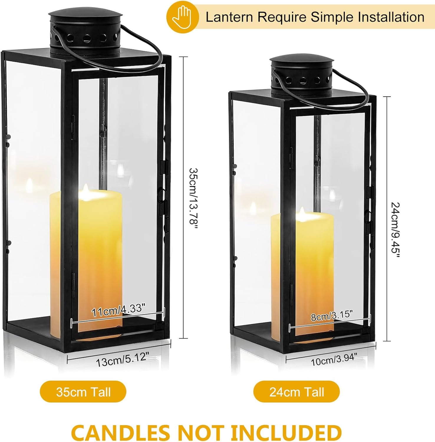 Lantern for Candles, Pack of 2, (24 + 35 Cm High) Garden Lantern, Metal Lanterns for Outdoor Use, Large Lanterns, Grave Lantern, Candle Lantern, Glass Lantern, Hanging Christmas Day Decoration, Black image number 3