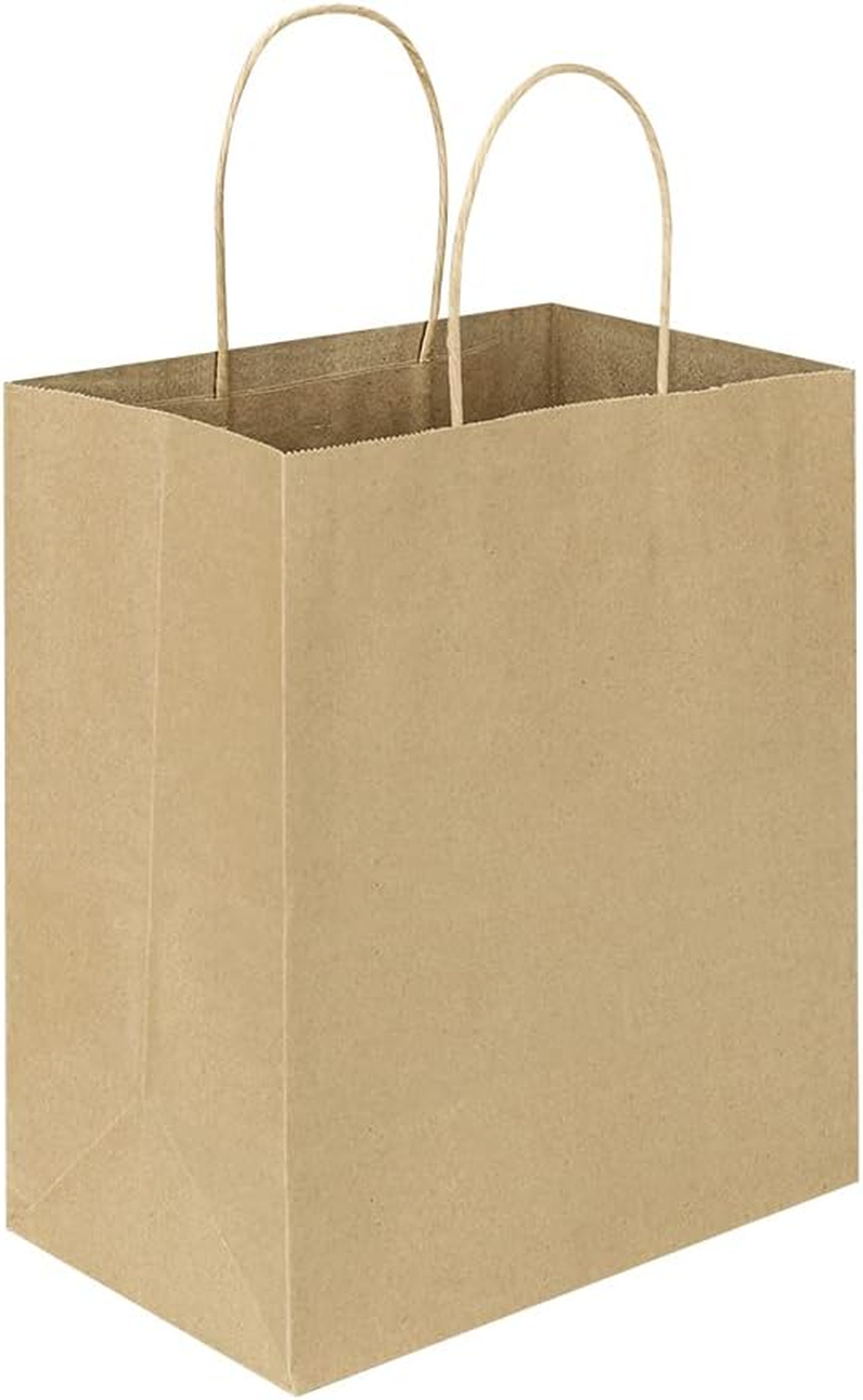Oikss 100 Pack 8X4.75X10 Inch Medium Plain Natural Paper Bags with Handles Bulk, Kraft Bags for Birthday Party Favors Grocery Retail Shopping Business Goody Gift Bags Sacks (Brown 100 PCS Count) image number 2