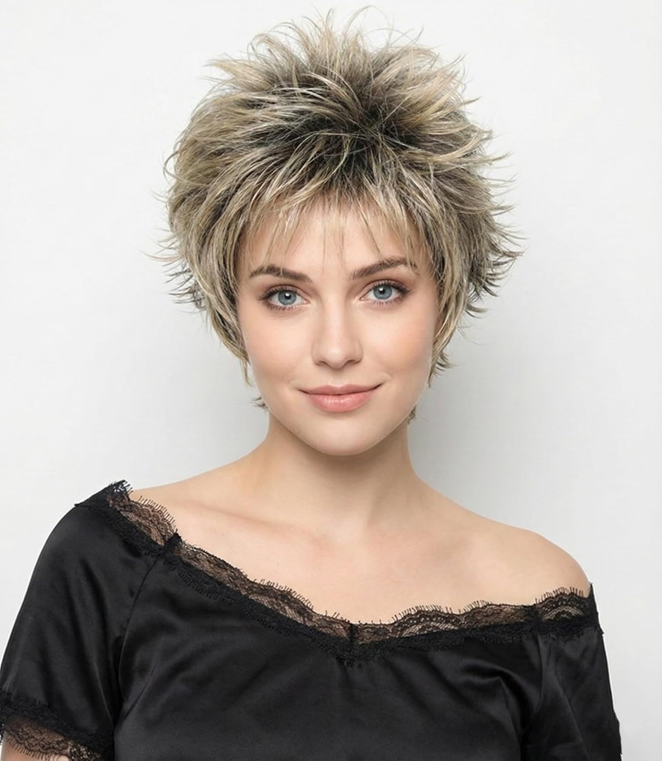 AUBWIG Brown Ombre Blonde Short Curly Hair Fluffy Hair Natural Light Curly Hair Wigs with Fringe for Women Synthetic Hair Wig Daily Wear (Brown Ombre Blonde) image number 3