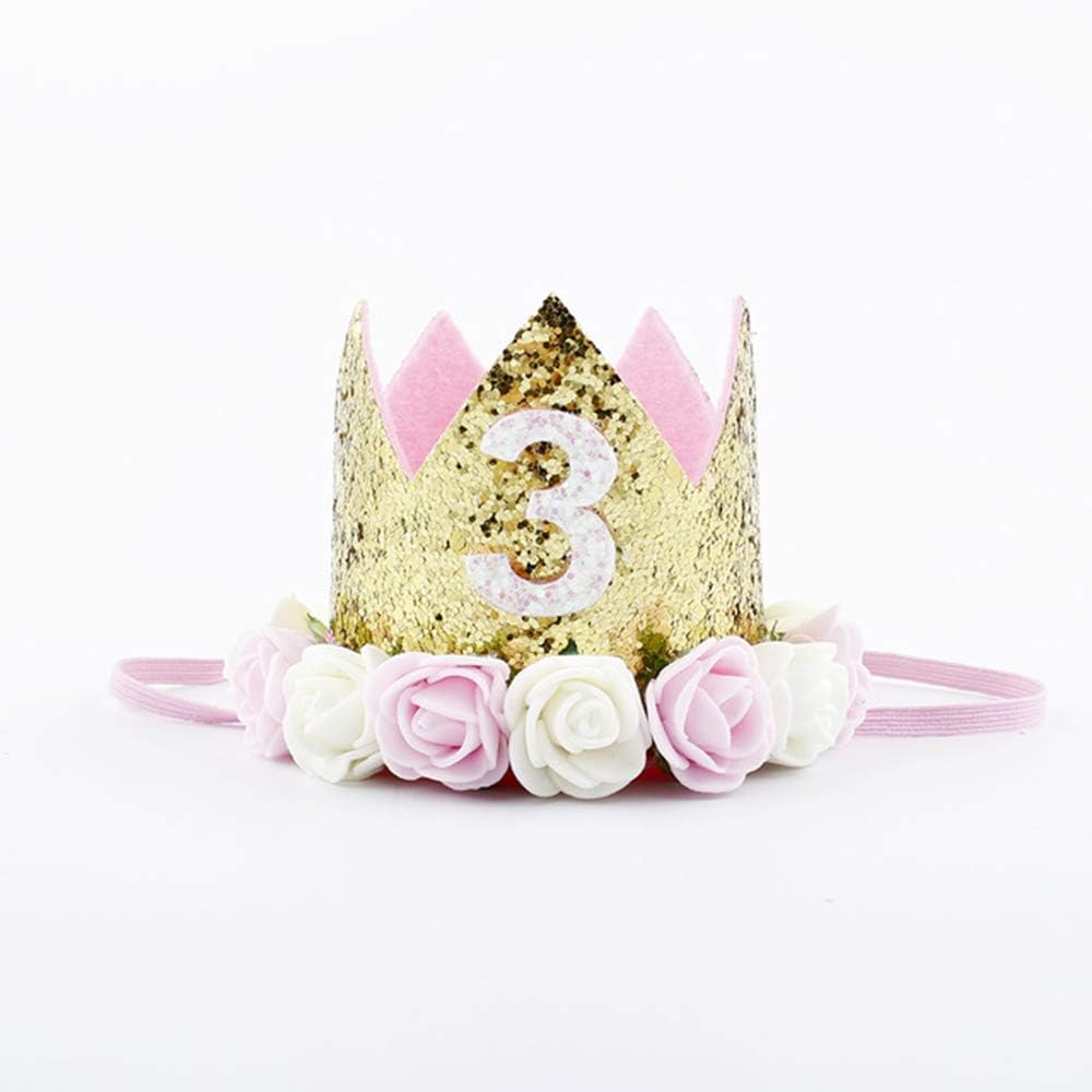 Baby Boy Girl First Birthday Crown - Number 3 Headband Little Prince Princess Hat Sparkle Gold Style 3Rd Decorations Tiara Crown Cake Smash Photo Prop, Girl Pink