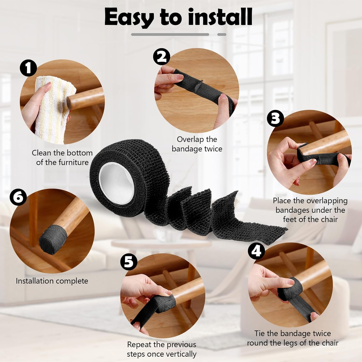 10 Pack Tapes Chair Leg Floor Protectors, Self Adhesive anti Slip Furniture Pads Tape Roll 1" X 177", Suitable for Different Furniture Legs Hardwood Floor Table Couch (Black) image number 6