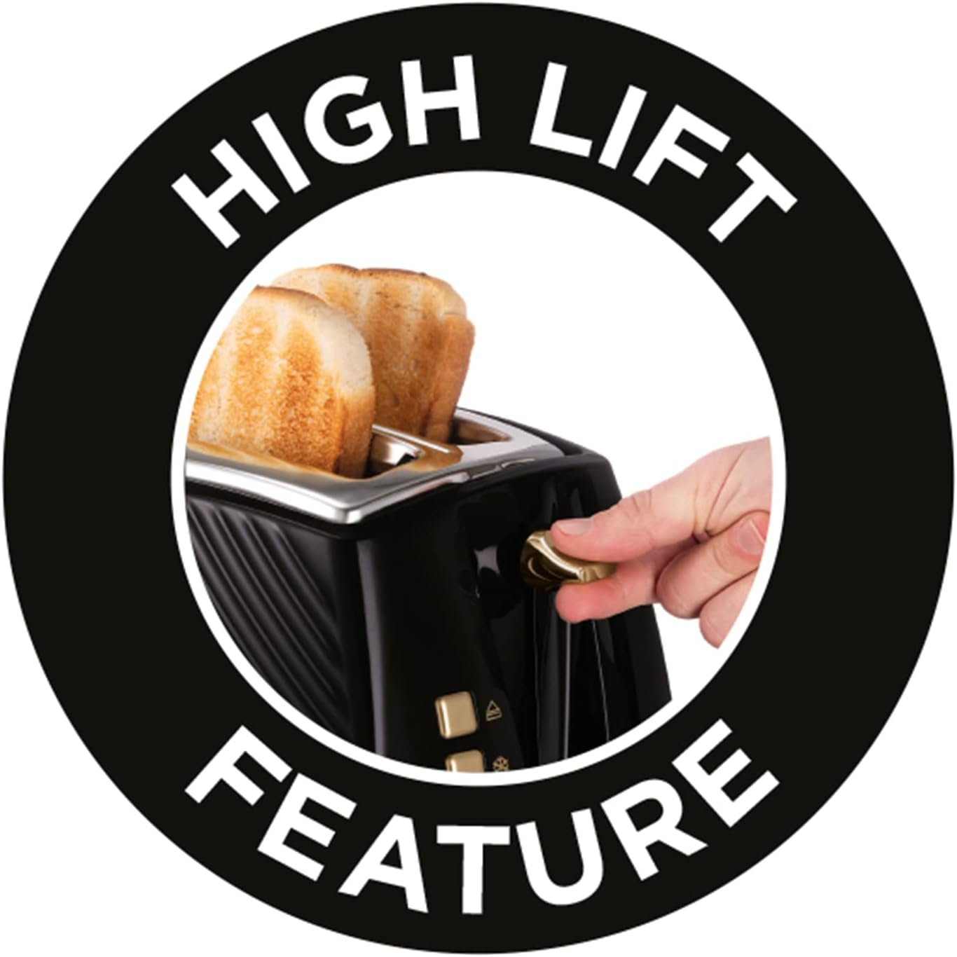 Russell Hobbs Groove 2 Slice Toaster (High Lift, Extra Wide Slots, 6 Browning Levels, Frozen/Cancel/Reheat Function - Illuminated Buttons, Removable Crumb Tray, 850W, Black, Brushed Gold Accents)26390 image number 6