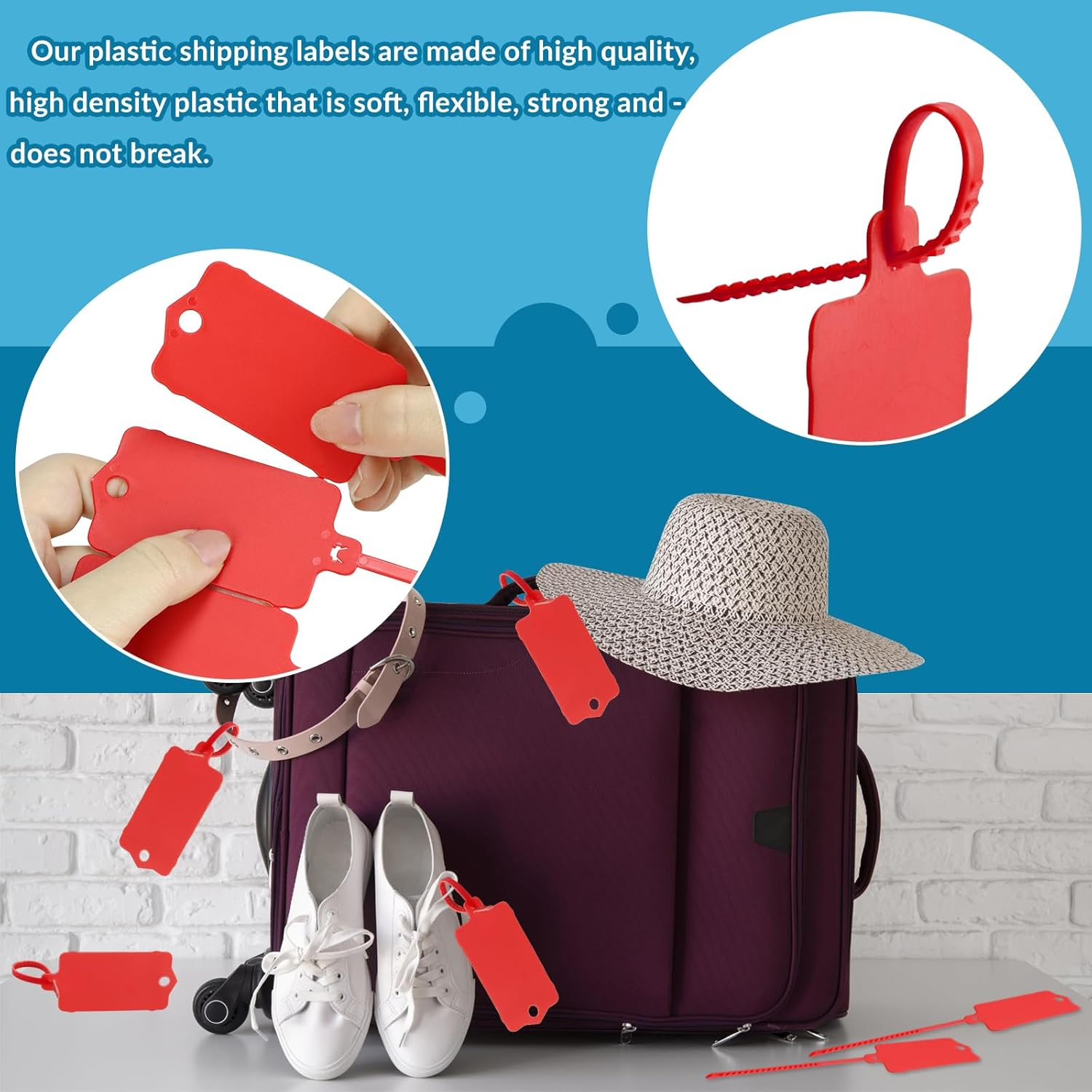 Leonbach Pack of 100 Plastic Shipping Tags, Waterproof Labels, Writable Hang Tags with Sealing Tape, Shipping Cable Ties, Label for Keys and Luggage - Red (2) image number 5