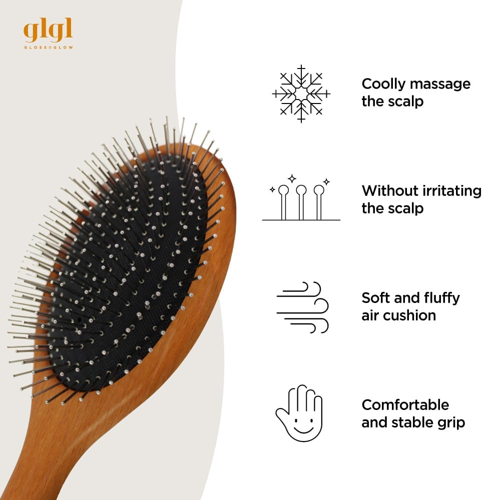 GLGL Wet Brush with Classic Wooden Handle. Detangler Hair Brush with Soft Metal Bristles & Soft Cushion Pad - Scalp Massaging Comb for Tangled and Wet Hair image number 1