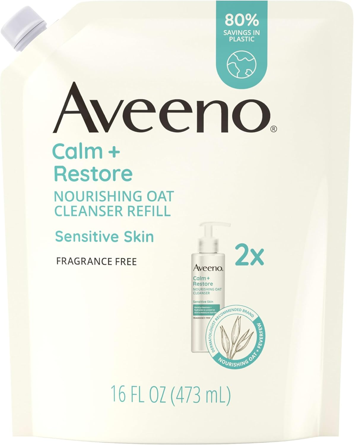 Aveeno Calm + Restore Nourishing Oat Facial Cleanser for Sensitive Skin, Gentle Face Wash with Nourishing Oat & Calming Feverfew, Hypoallergenic, Fragrance-Free, Refill Pouch, 16 Fl. Oz image number 4