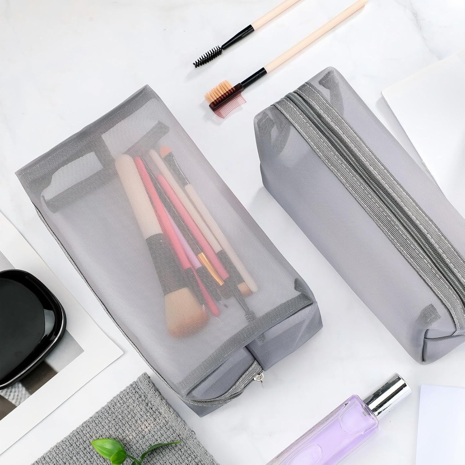 Boao 6 Pieces Mesh Makeup Bags Mesh Cosmetic Bag Portable Travel Organizing Zipper Pouch Toiletries Makeup Pouches for Home Office Travel Accessories(Gray) - Chic Colors image number 3
