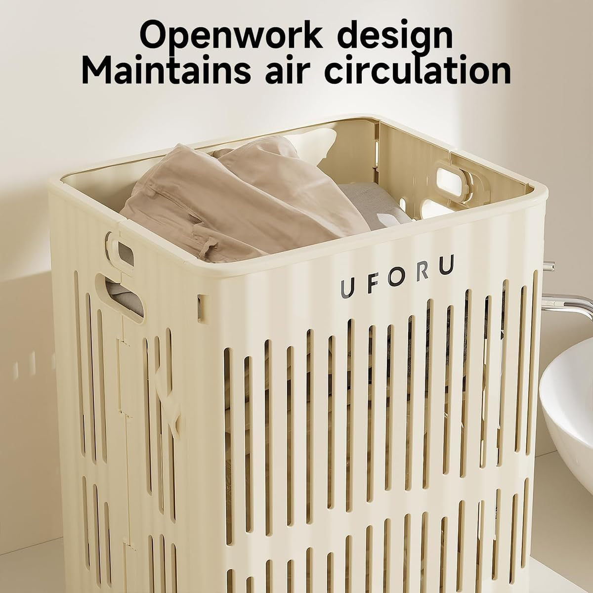 AIMALL Folding Laundry Hamper with Wheels, Breathable PP Storage Basket, Large & Small Size Options, Rolling Dirty Clothes Bin for Bedroom Bathroom, Cream White image number 4