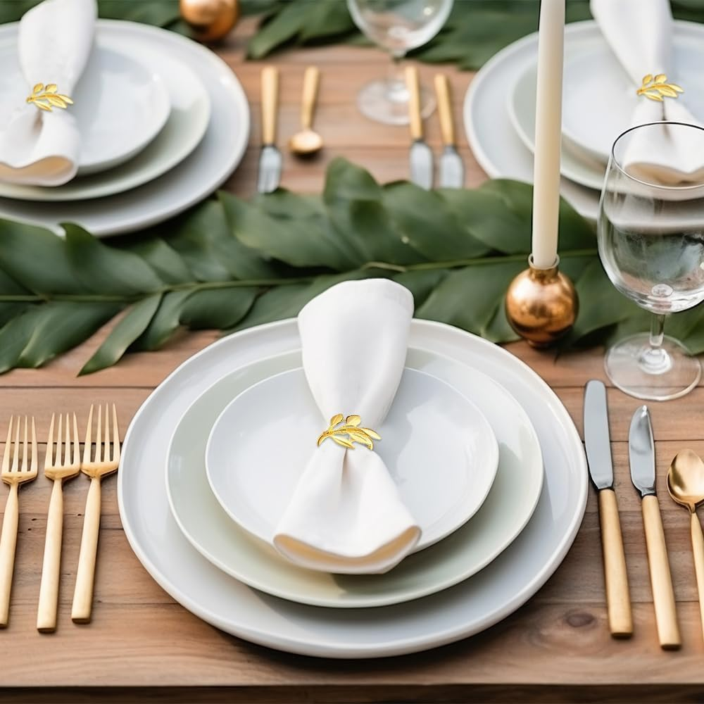 Gold Napkin Rings Set of 12 - Metal Leaf Fall Napkin Rings for Dinner Table Decor, Wedding, Kitchen, Banquet, Holiday, Everyday Party - Leaf image number 3