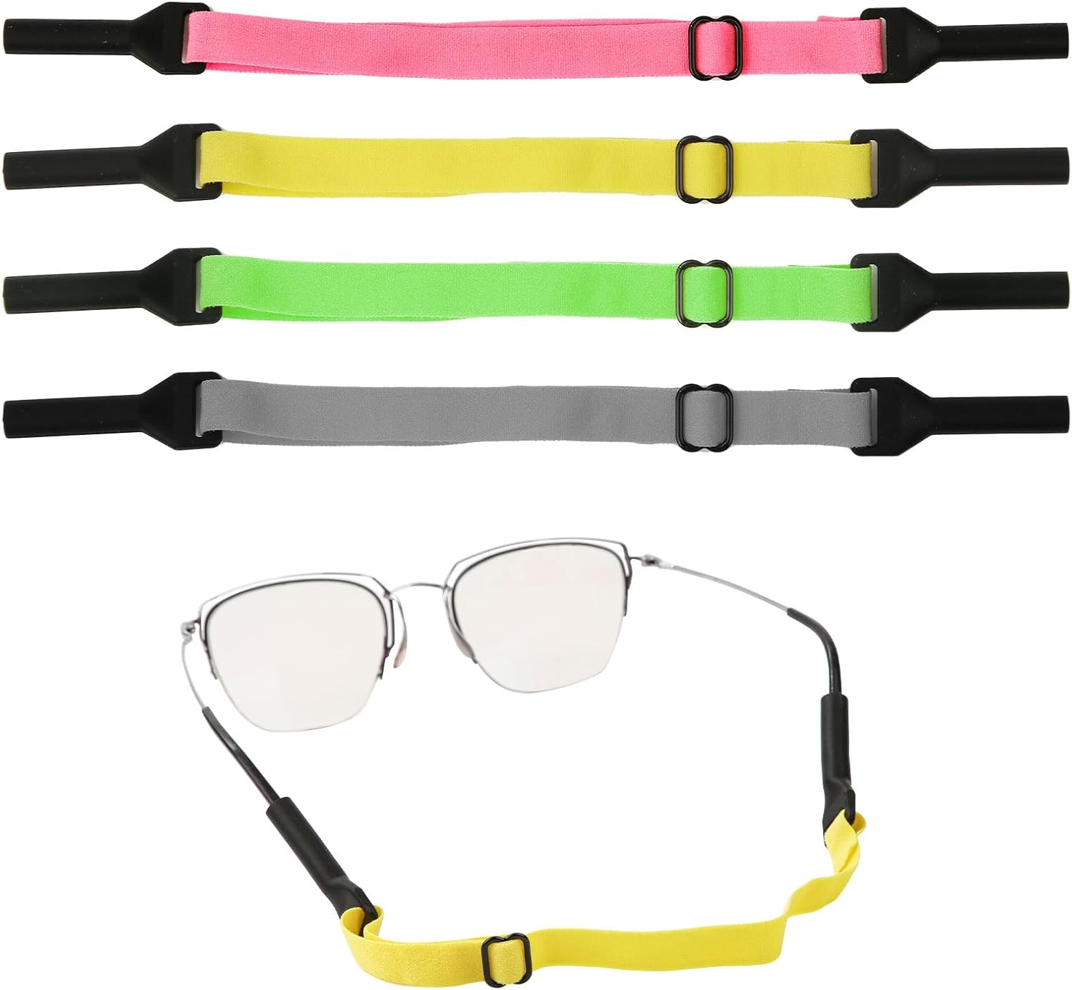 BOXOB 4Pcs Adjustable Glasses Straps, Silicone Sunglasses Strap Universal Eyeglasses Strap Glasses Lanyard Accessories for Eyeglasses Sunglasses (Light Green, Pink, Gray, Yellow), Multicolor, Large