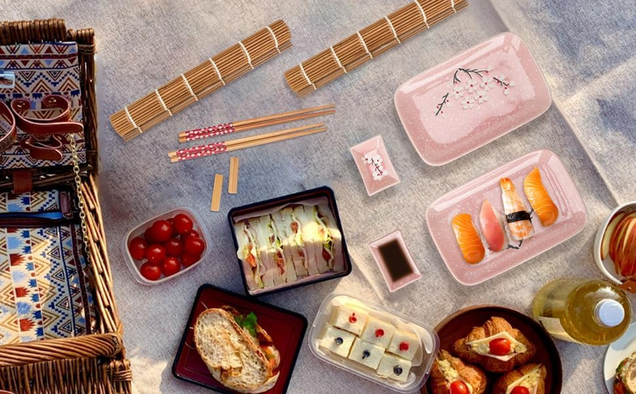 Exzact Sushi Plate Set 10Pcs - 2 X Sushi Plates, 2 X Dip Bowls, 2 X Placemats, 2 X Chopsticks Rests, 2 Pairs of Chopsticks - Highquality Porcelain - Gift Box - Pink image number 4