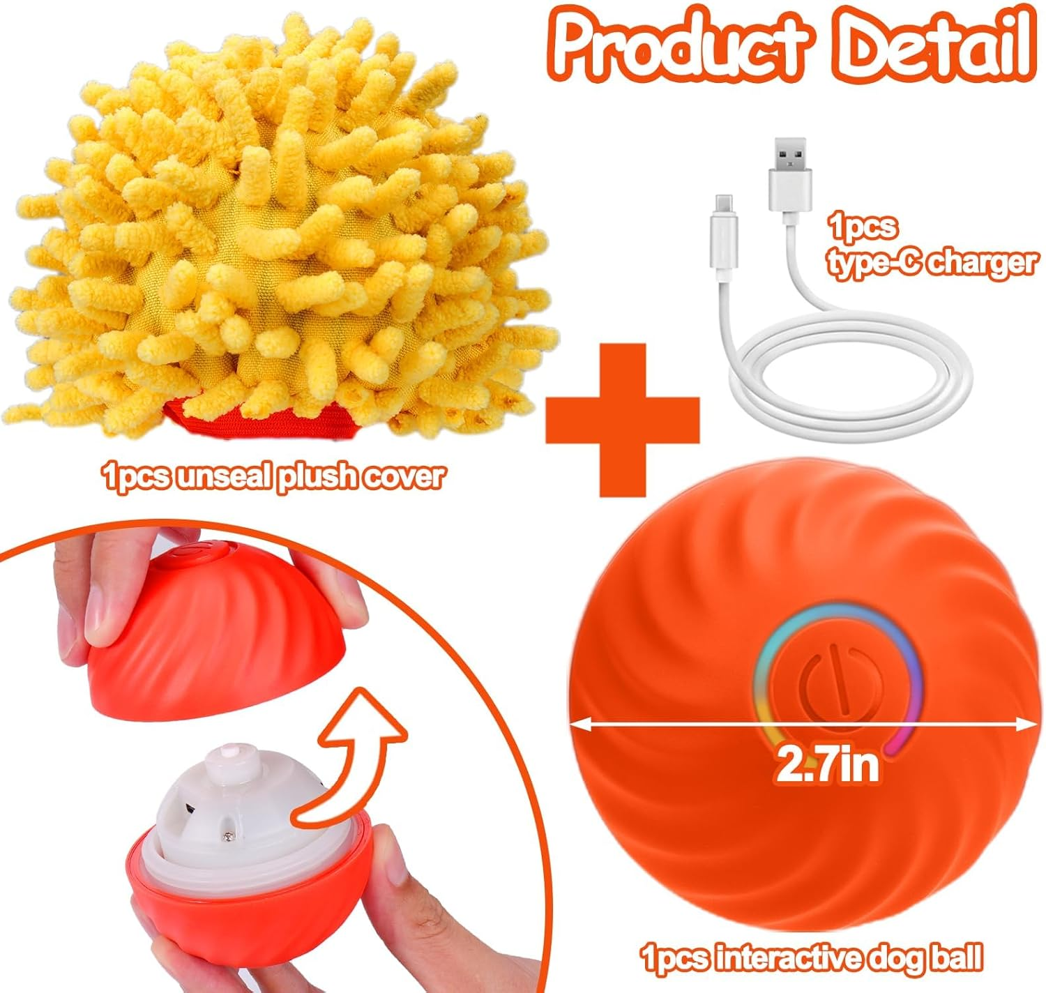 Interactive Dog Toys Ball, Self Rolling Dog Ball with Cover Anti-Chewer for Small/Medium/Large Puppy Pet Toys, Active Rolling Ball for Dogs Enrichment, Motion Activated Toys That Move Its Own Orange image number 2
