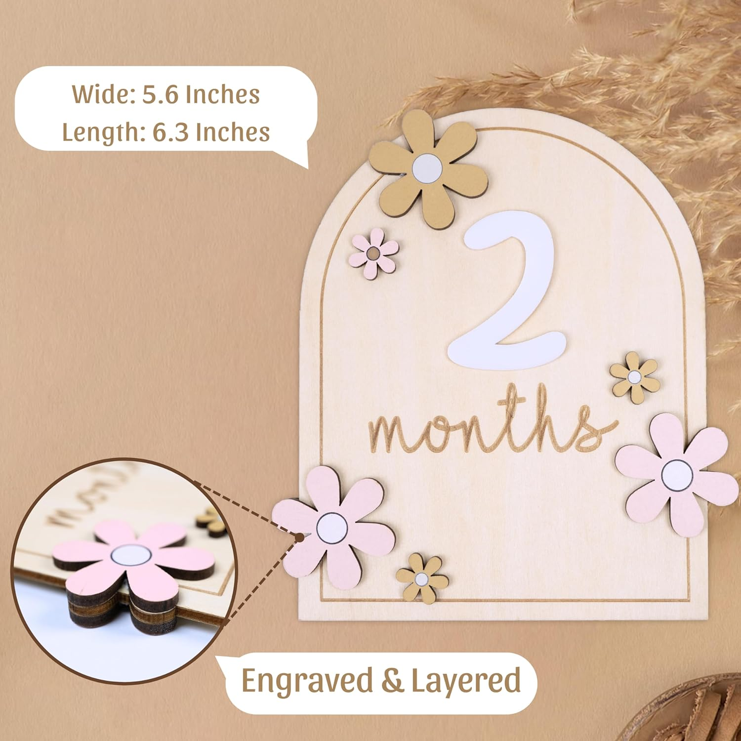 Monthly Baby Milestone Signs - Baby Monthly Milestone Wooden Circles for 1-12 Month Photos & Gender Neutral Announcement Cards (Flower) image number 3