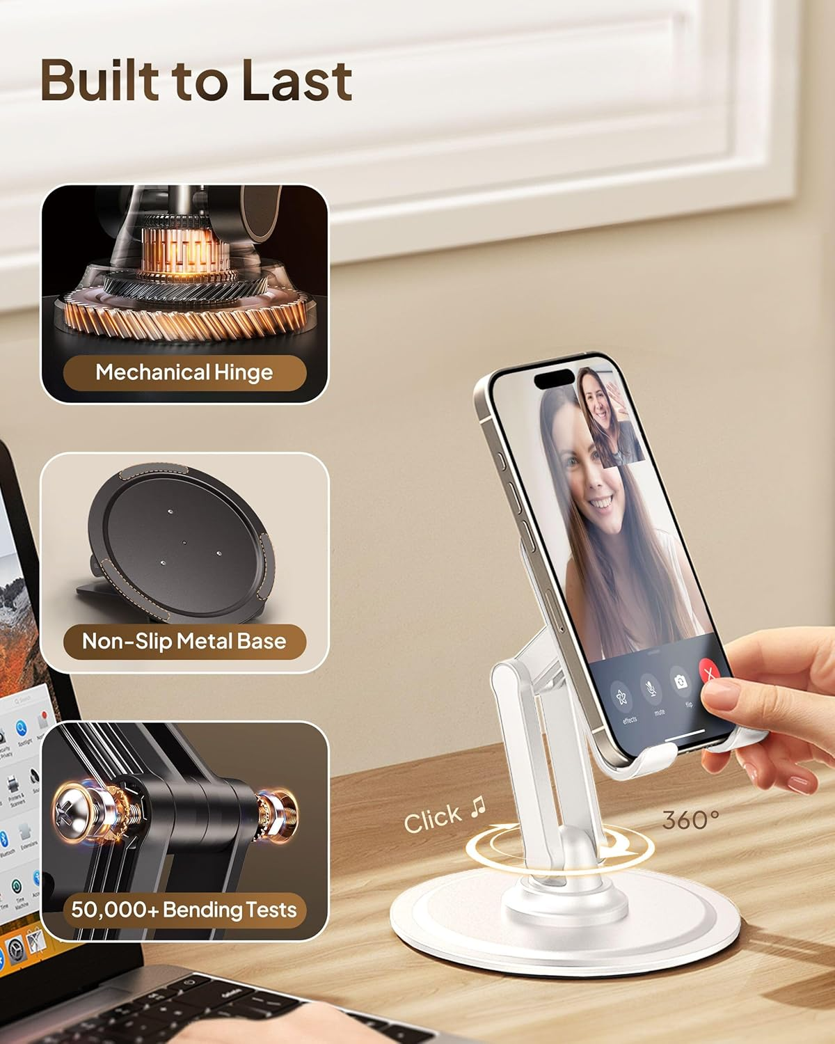 Cooper 360&deg; Stand, [Gift Family Pack], Rotating Cell Phone Stand for Desk, Cell Phone Holder for Desk, Iphone Stand Holder, Sturdy Metal Base, Fits Samsung, Android Smartphones, (Cream White, 2-Pack) image number 3