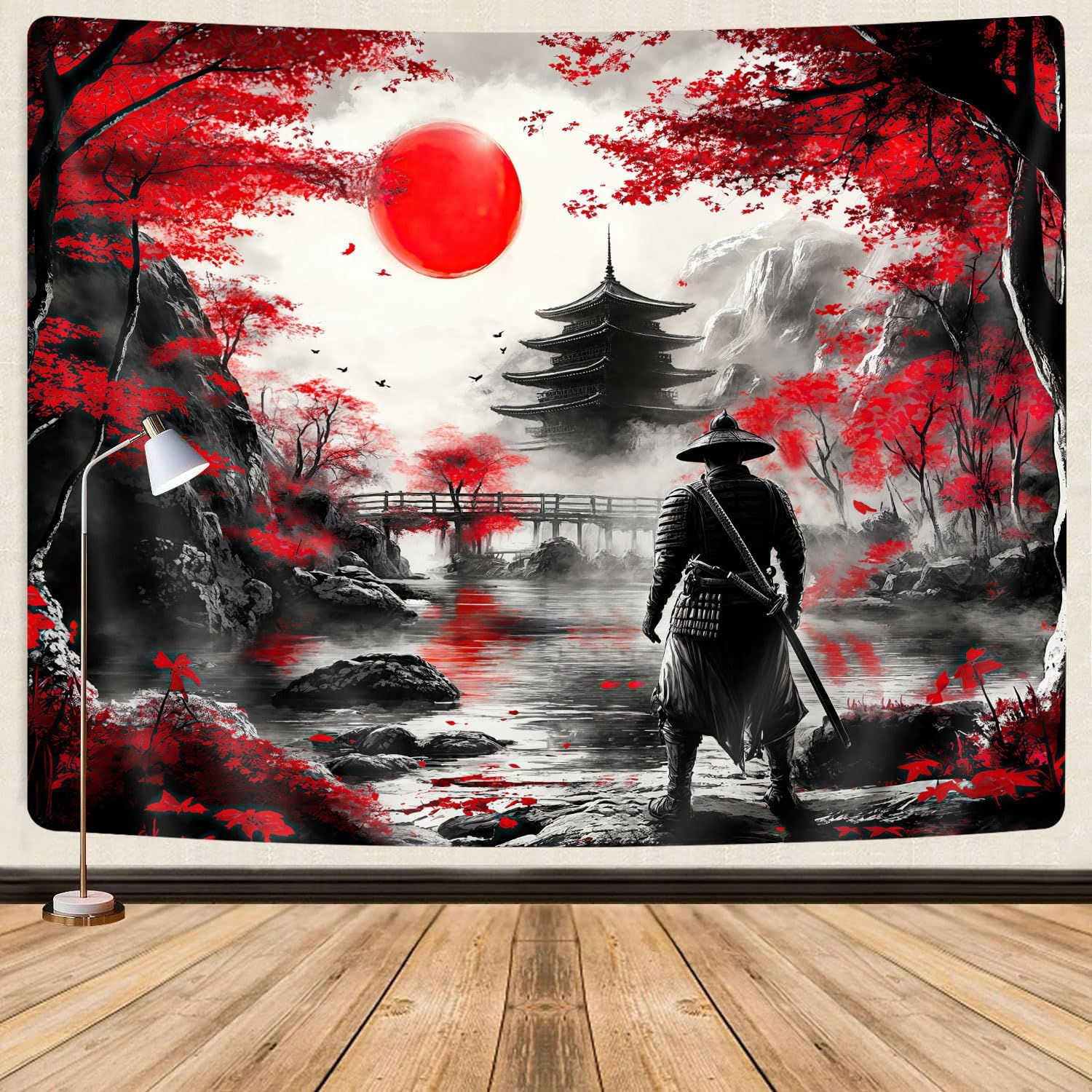GOAOK Japanese Anime Tapestry, Cool Red and Black Dark Nature Mountain Riverside Full Moon Landscape Aesthetic Tapestry for Men, Asia Japanese Art Tapestries for Bedroom Living Room College, 60"X40"