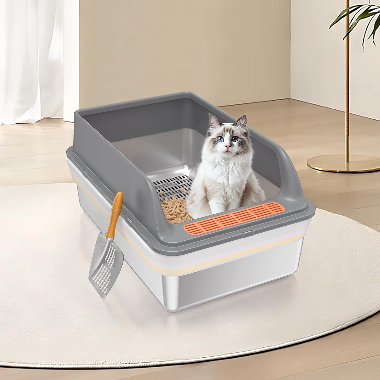 Stainless Steel Sifting Litter Box with Lid, Medium Sifting Cat Litter Box for Pine Pellets & Big Cats,Metal Pellet Sifter Litter Pan System for Odor Control,Sifting Box Liners & Scoop image number 4