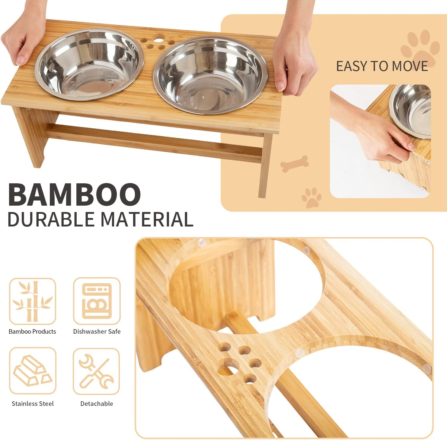 FOREYY Raised Pet Bowls for Cats and Small Dogs, Bamboo Elevated Dog Cat Food and Water Bowls Stand Feeder with 2 Stainless Steel Bowls and anti Slip Feet (4'' Tall-20 Oz Bowl) image number 1