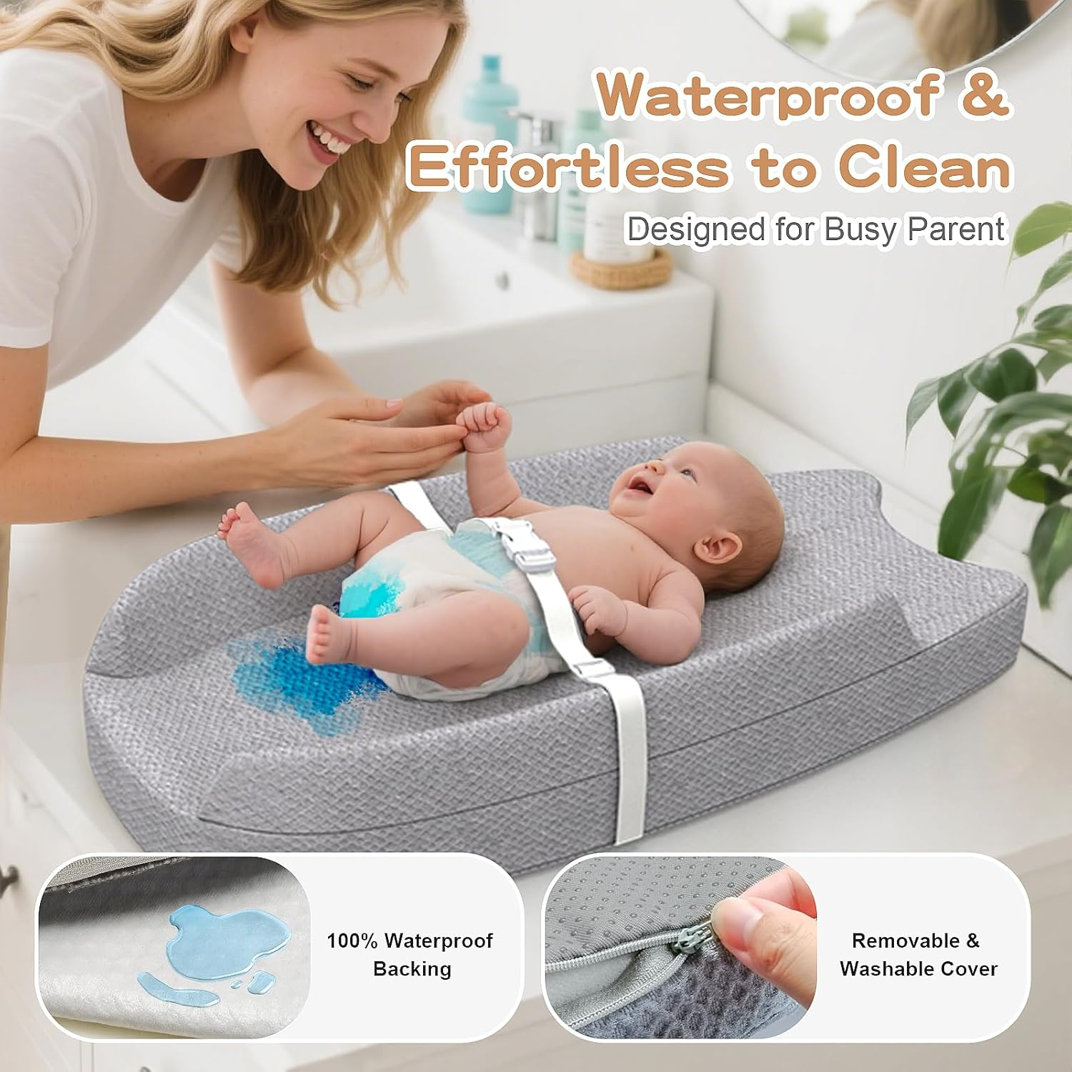 Changing Pad with Waterproof Cover and Removable Towel Liner, U-Shaped Contoured Sides, Safety Strap & Non-Slip Base, Fits Standard Changing Tables image number 5