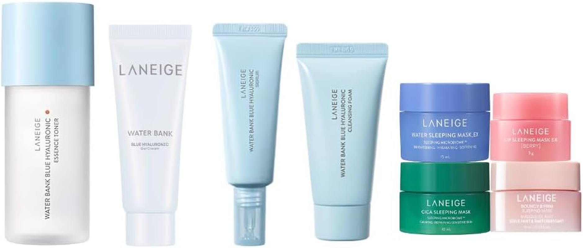 Water Bank Blue Hyaluronic 8-Piece Travel Kit. Toner 50Ml, Serum 25Ml, Gel Cream 25Ml, Cleansing Foam 30G, Mini Water Sleeping Mask EX 15Ml + Cica Sleeping Mask 10Ml + Boucy & Firm Sleeping Mask 10Ml + Lip Sleeping Mask 3G. Korean Trial Set for Laneige.
