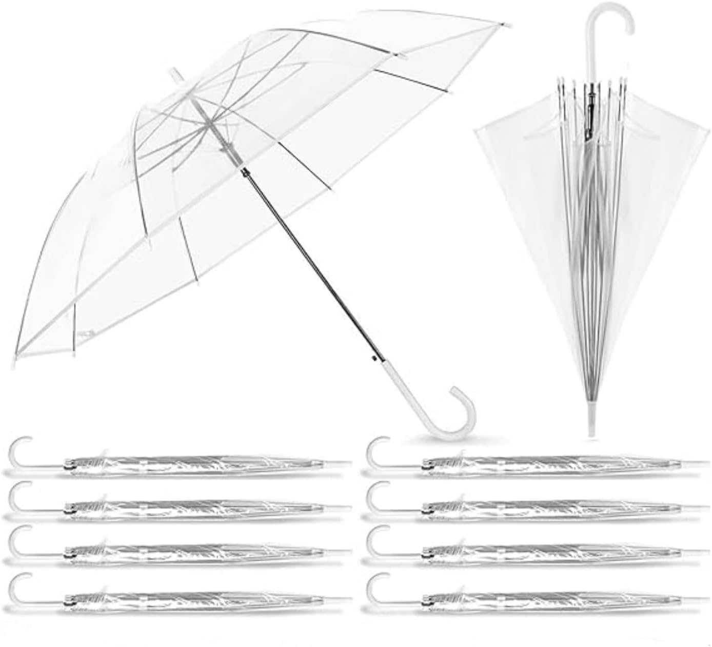 10 Pcs Clear Wedding Umbrellas 37'' Bulk Auto Open Stick Umbrellas Dome See Through/Transparent Umbrella for Wedding,With White J Hook Handle for Bride Bridesmaid/Groomsman Party Photo Rain Ceremony image number 2