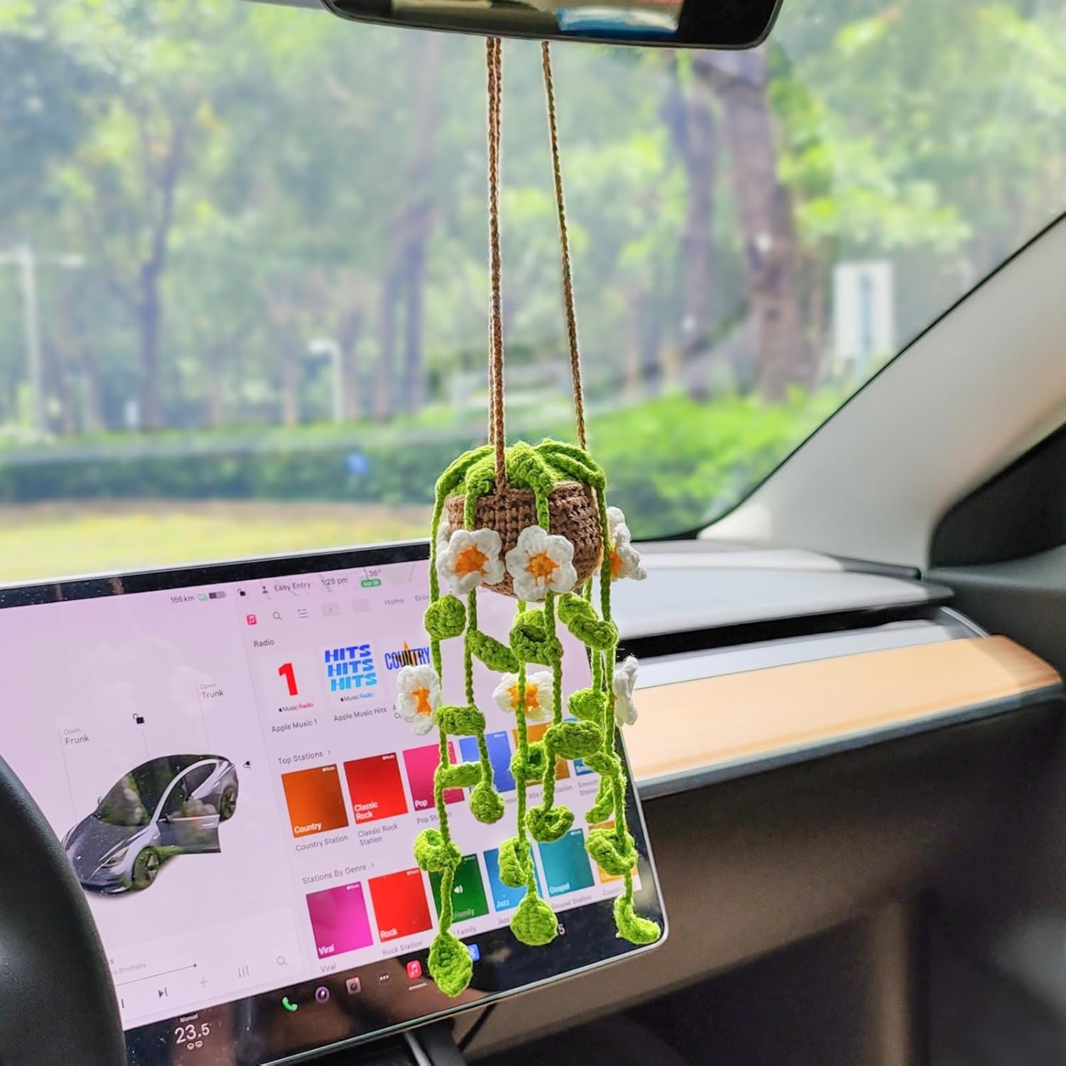 Crochet Plant Hanging Basket Car Rear View Mirror Hanging Accessories Women Interior Aesthetics Cute Handmade Knitted Girly Gift(White Flowers) image number 3