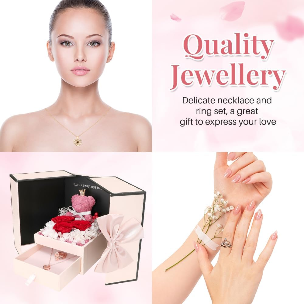 AUTOWT Preserved Rose Gifts for Women, Pink Eternal Flower Rose Box with I Love You Necklace and Ring, Romantic Gifts for Mom Grandma Wife Sweetheart on Mother&rsquo;S Day Valentines Christmas Anniversary