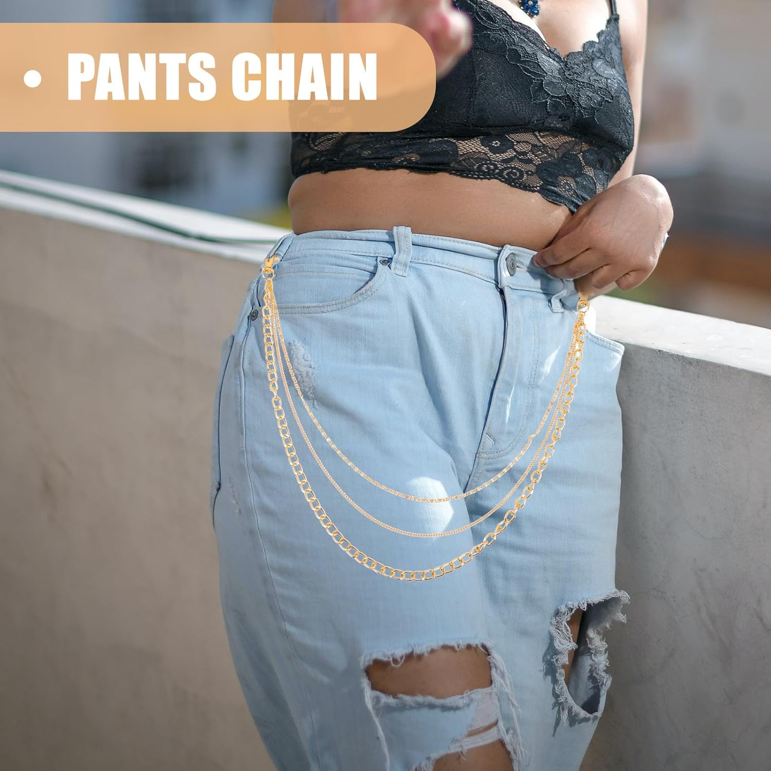 Outanaya 2Pcs Unisex Metal Pants Chain Gold Color Punk Style Wear-Resistant Hanging Chain Decorative Jeans Accessory for Men and Women Casual Pants
