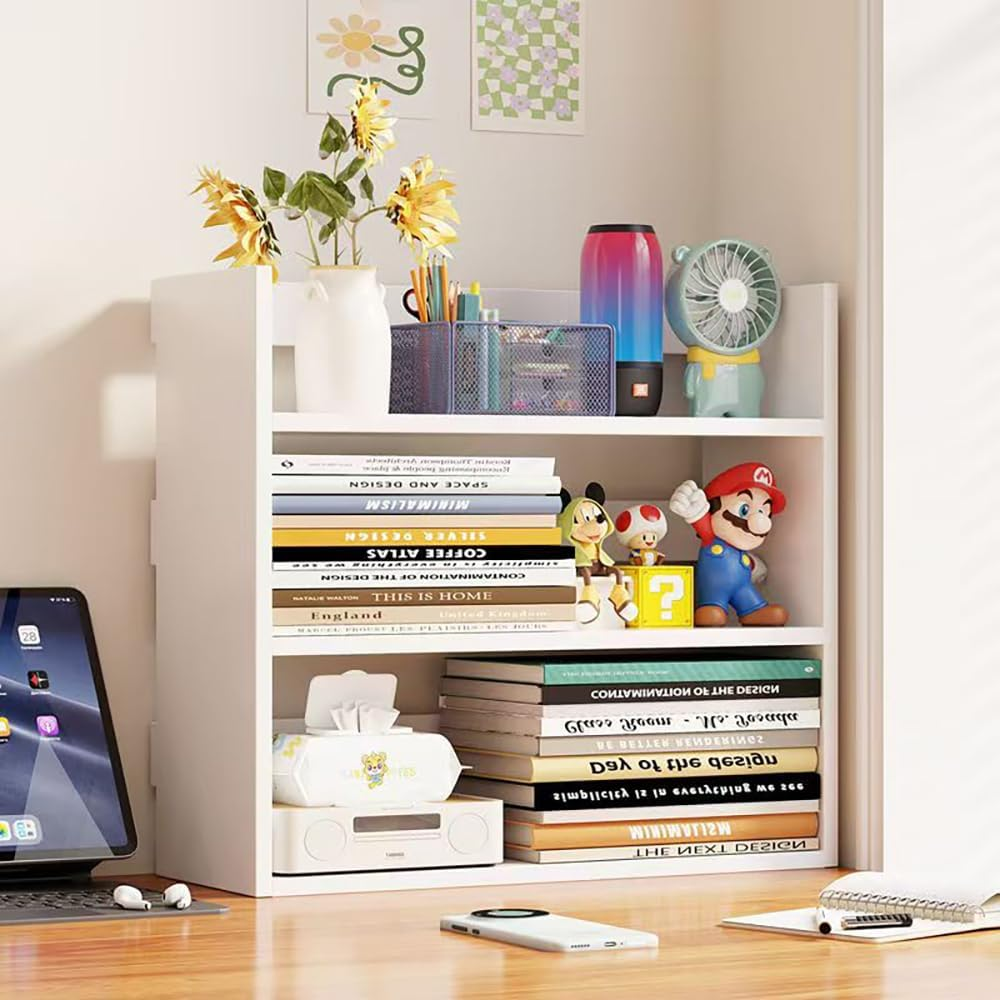 Hbluefat 3-Tier Desktop Bookshelf, Small Wood Countertop Bookcase Desk Organizer Literature CD Photo Display Storage Rack for Home Office (White)