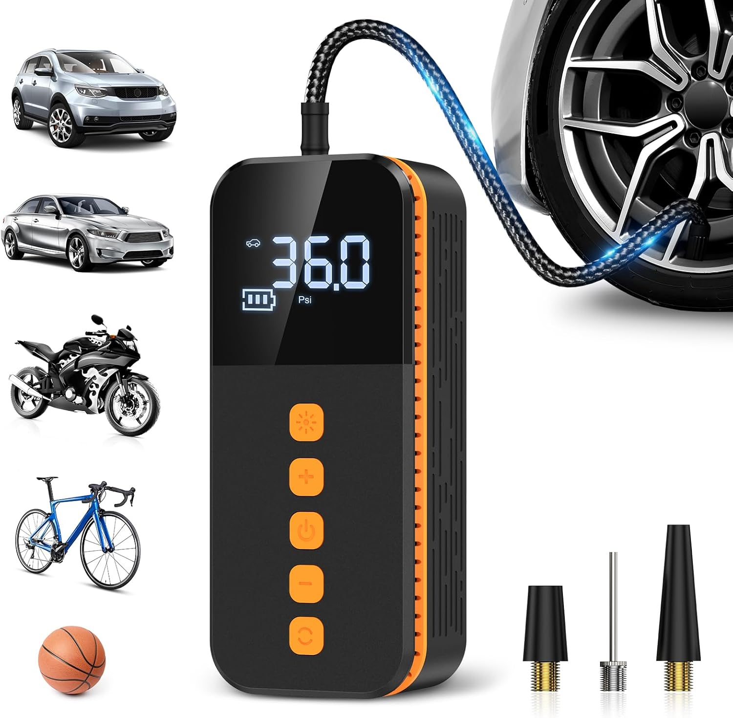 AMIR Portable Air Compressor, Powerful Cordless Tyre Inflator with 3 Nozzle Adaptors and LED Light, Tyre Pump with Pressure Gauge for Car, Motorbike, Bike and Ball image number 3