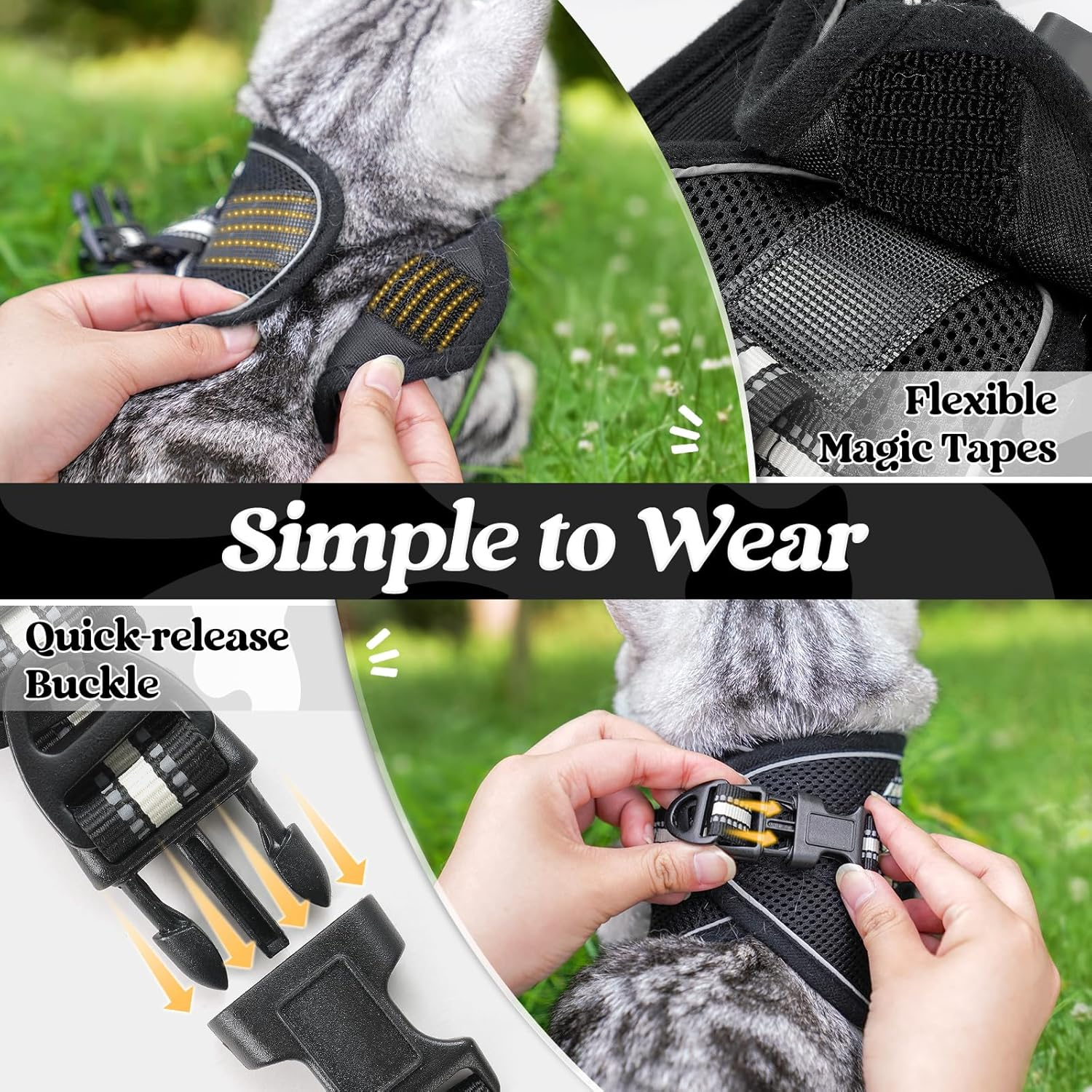 Rabbitgoo Cat Harness and Leash Set for Walking Escape Proof, Adjustable Soft Kitten Vest Harness with Reflective Strip for Cats, Step-In Comfortable Mesh Paded Outdoor Pet Harness, Black, M image number 6