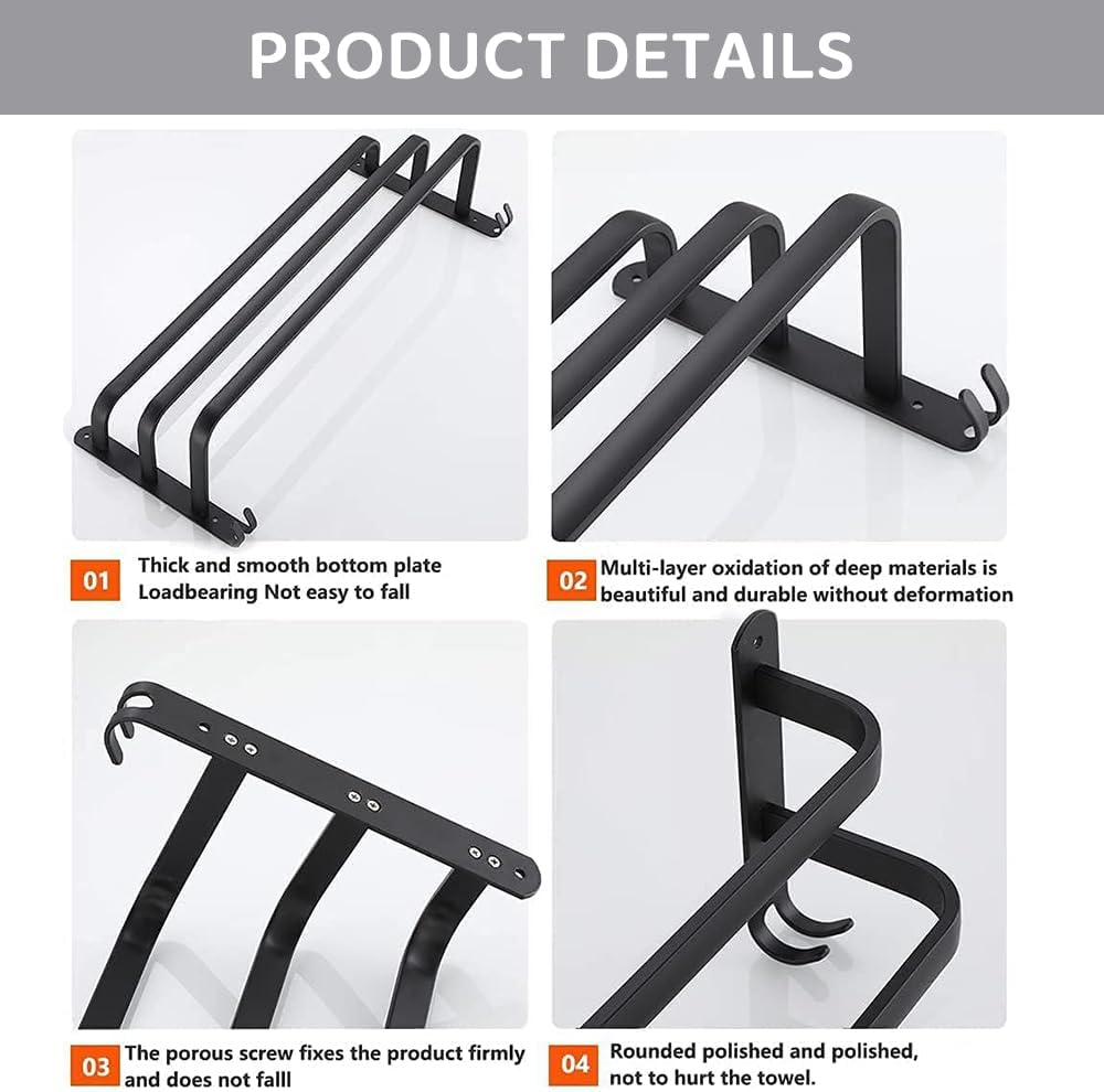3-Tier Wall-Mounted Bath Towel Rack &ndash; 40 CM Ladder-Style Towel Holder with 2 Hooks, Stainless Steel Bathroom Towel Bar, Durable Black Finish