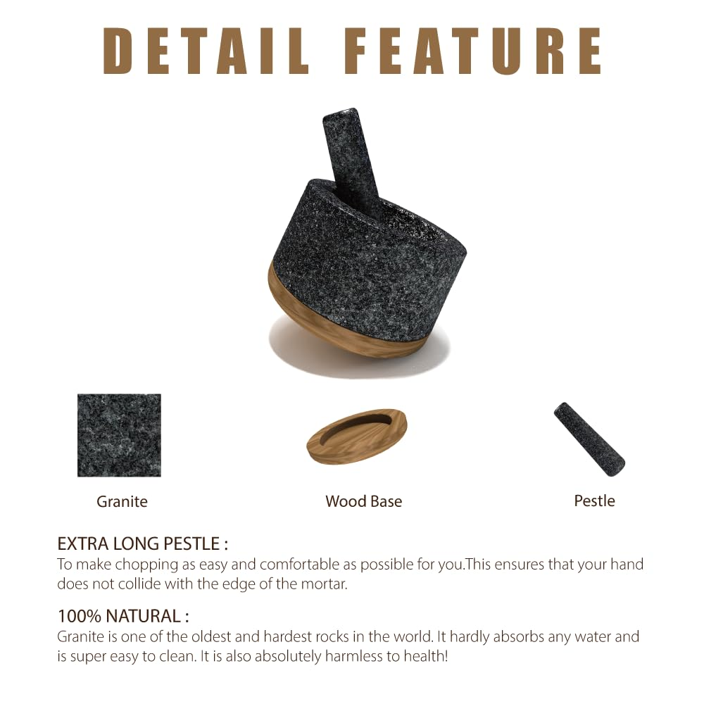 KYONANO Mortar and Pestle Set with Acacia Wood Base, 5.5-Inch Guacamole Bowl, 100% Natural Granite, Stone Grinder for Spices, Extra Large Pestle Heavy & Durable, Molcajete Bowl, 2 Cup Capacity image number 2