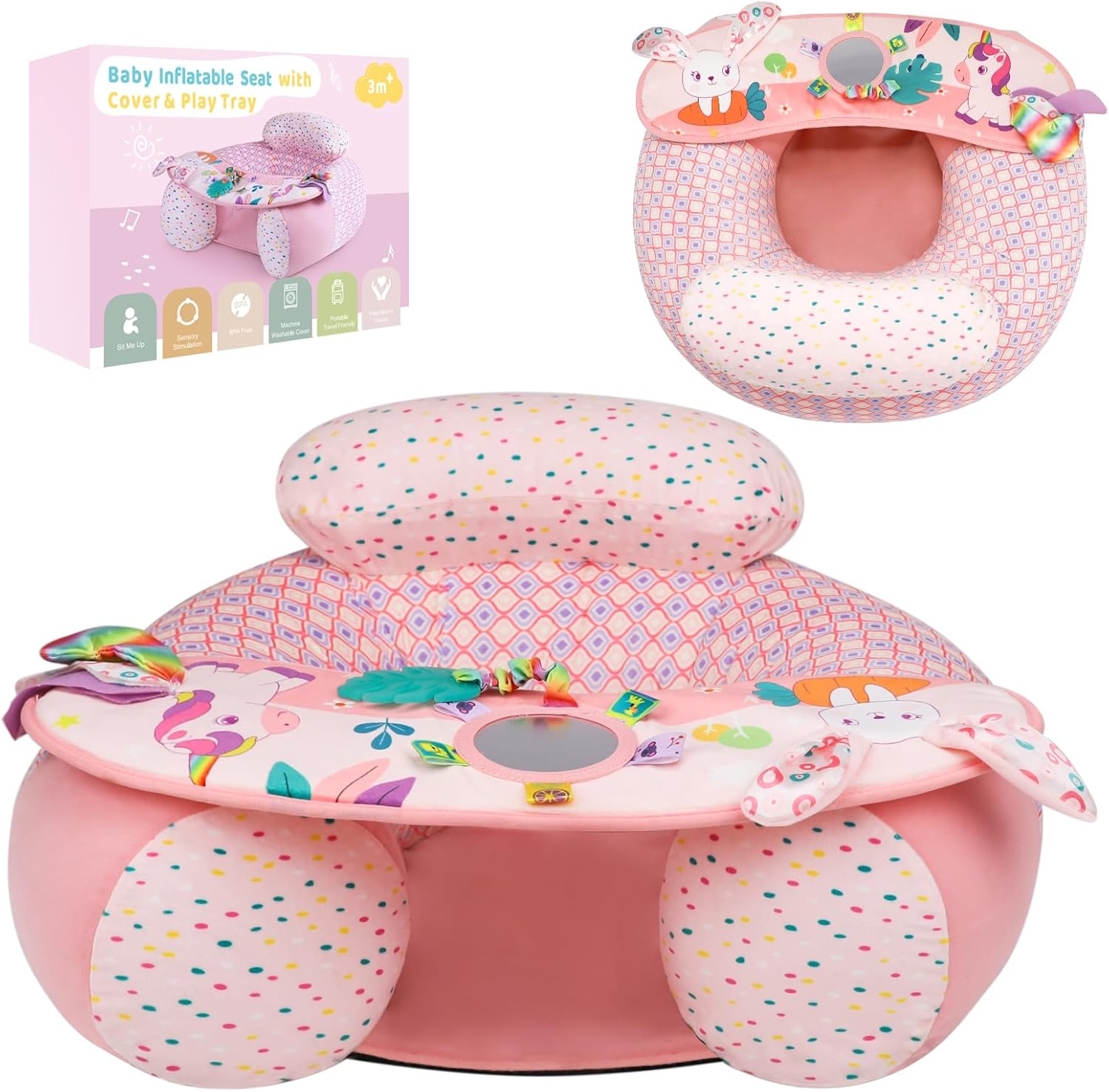 Upgraded Blublu Park Wider U-Shape Inflatable Sit Me up Floor Seat for Baby 3-36 Months with Cover, Portable Baby Chair with Activity Sensory Tray for Sitting Up, Infant Floor Seats, Piano