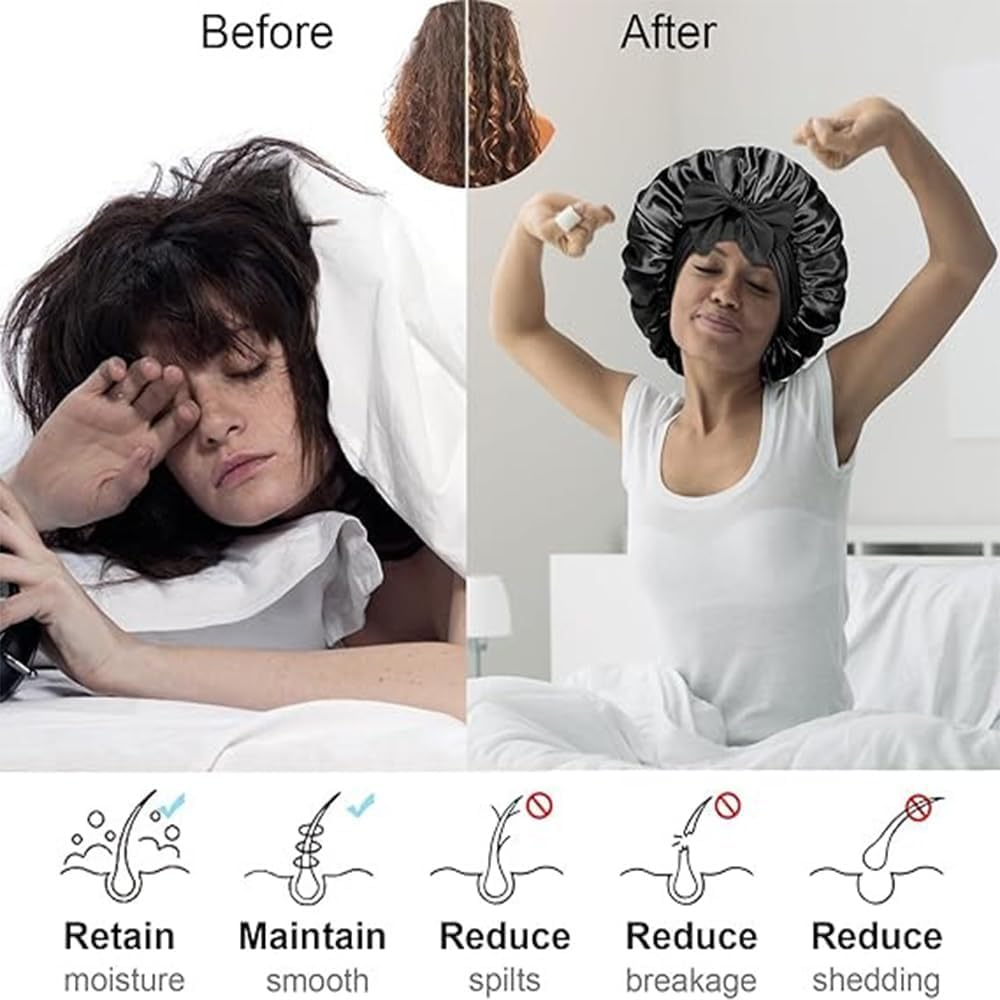 Satin Bonnet,Single Layer Satin Lined Sleeping Cap,Adjustable Large Satins Cap with Tie Band Hair Bonnets Curly Braids Hair for Women(Black) image number 3