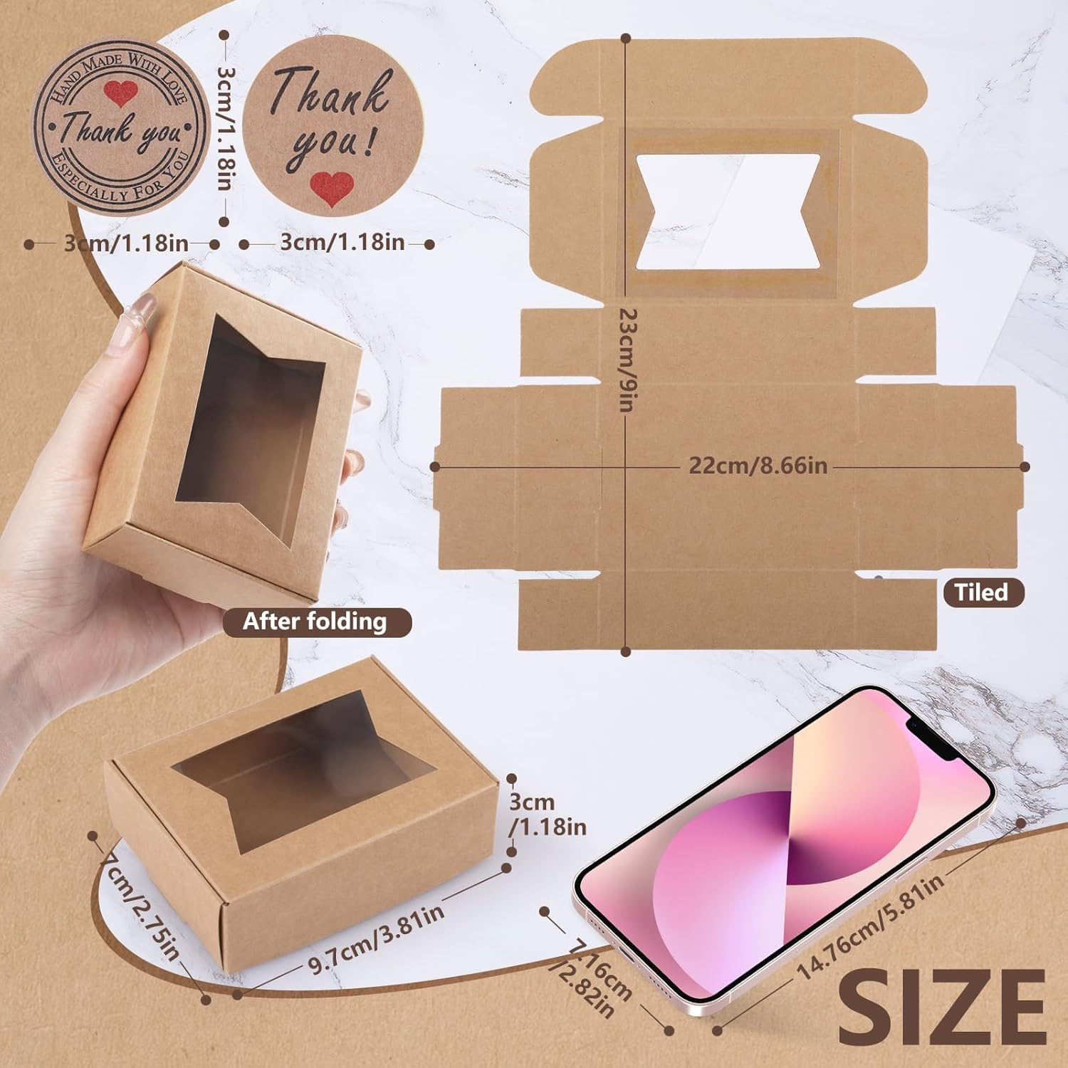 40PCS Mini Kraft Paper Boxes,Geeric Soap Gift Box with Clear Windows 9.7*7*3CM Small Bakery Box Present Treat DIY Essential Oil Candles Cookie Boxes for Candy,Chocolate,Jewelry,Wedding Party Favor image number 6