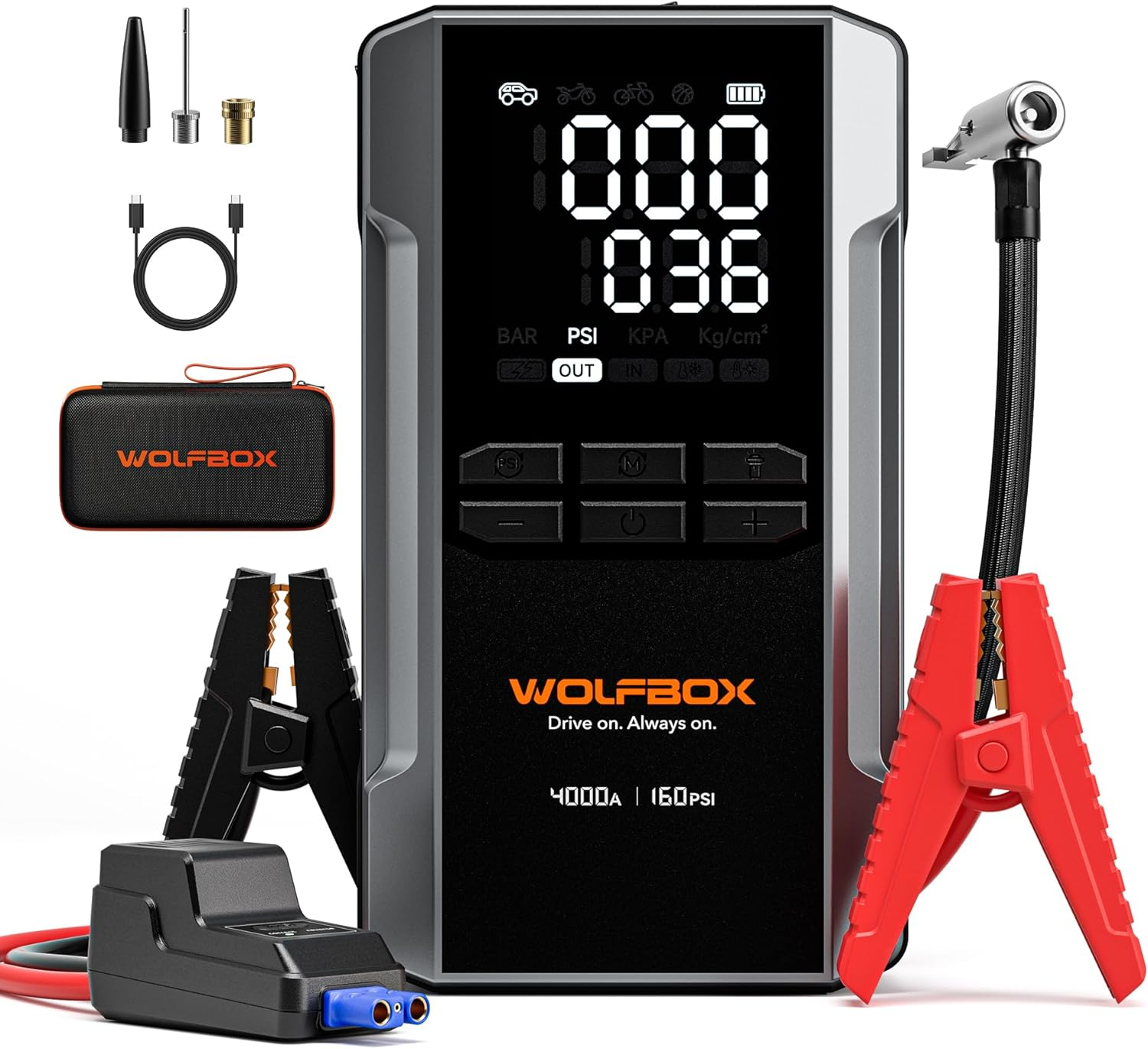 WOLFBOX Jump Starter with Air Compressor 4000A, Portable Tire Inflator, 160PSI, 65W Fast Charge, LED Display, 12V Car Battery(10L Gas & Diesel Engines) with Booster, LED Light, Jumper Cables image number 3
