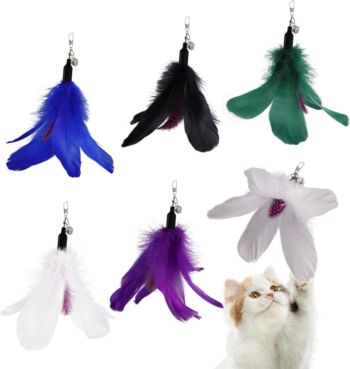 SONGWAY Cat Toy Wand Replacement - 6 Pieces Cat Toys, Cat Feather Toy Refills, Cat Teaser Wand Attachments, Interactive Cat Toys for Indoor Cats Light-Colored Feathers