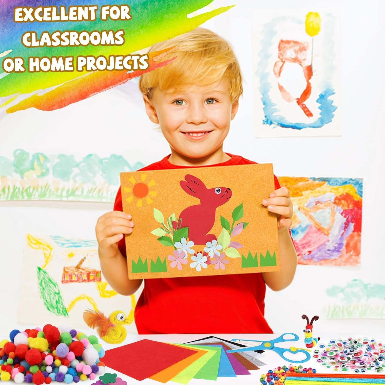 Pipe Cleaners Craft Supplies, 1000+Pcs Arts and Crafts Supplies Including Pipe Cleaner Wiggle Googly Eyes Pom Poms Feathers Sticks Sequins Foam Flowers Papers Felt Stickers image number 3