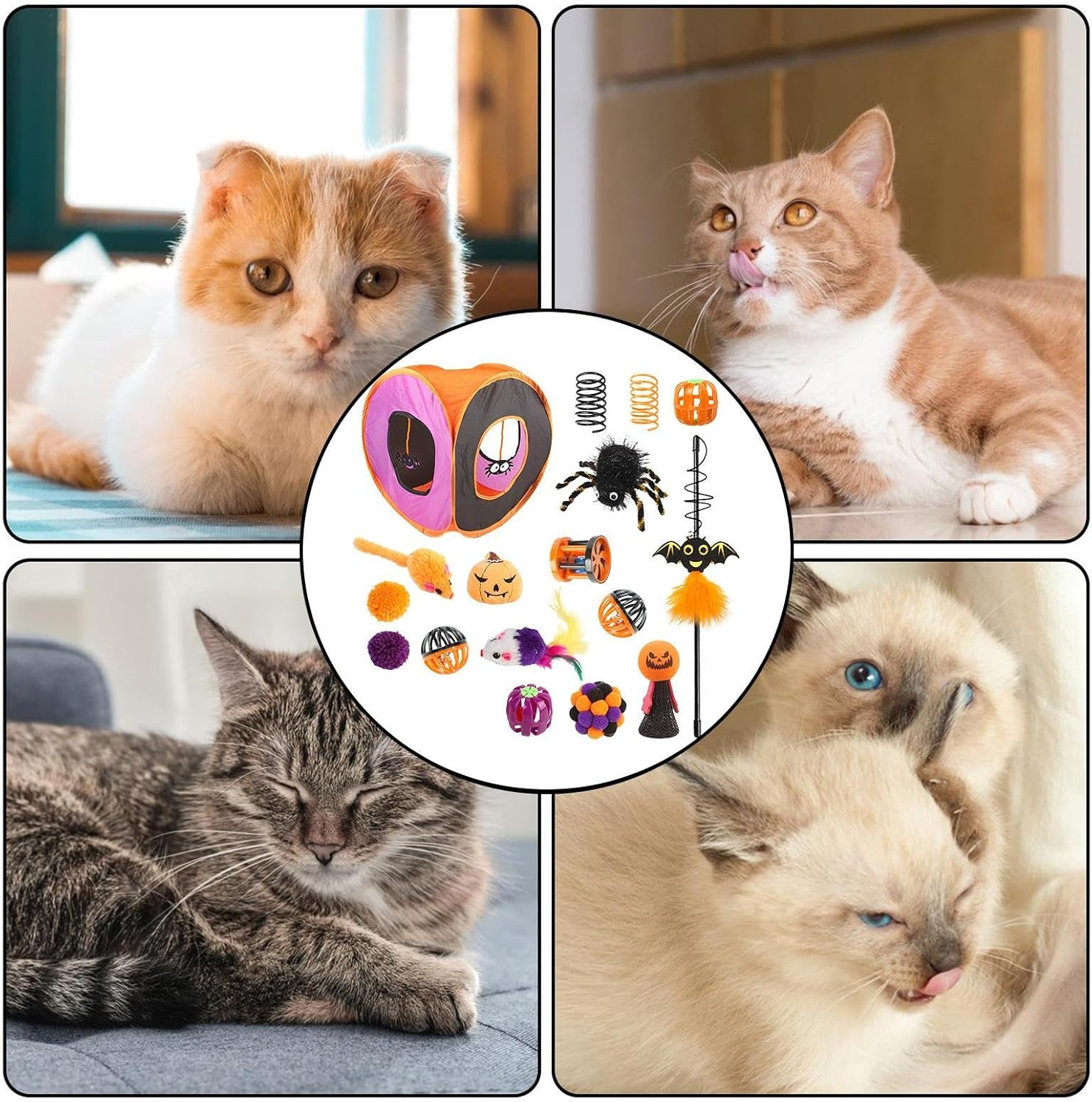 Cat Tunnel Toys Set,Cute Interactive Cat Toy Set | Halloween Cat Feather Wand Ball Spring Mice Toys, Folding Square Channel Kitten Starter Kit for Pets image number 5