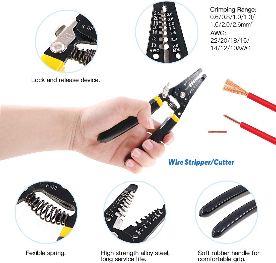 Glarks Professional Self-Adjustable Ratchet Wire Crimping Pliers AWG 22-10 and a Wire Stripper Tool Set with 183 Pieces Insulated Crimp Terminals Connectors Assortment Kit image number 6