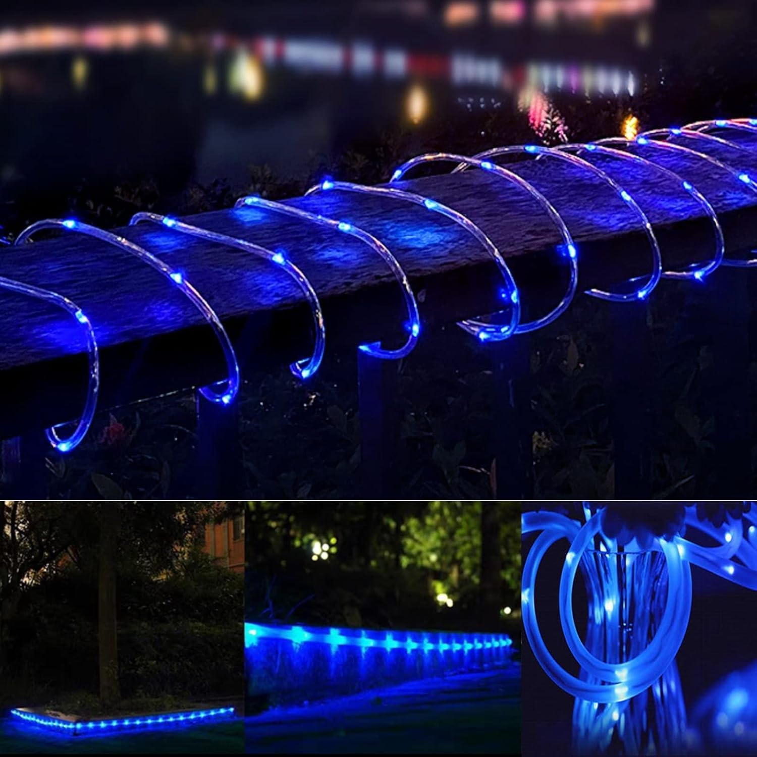 Kousee Outdoor Solar LED Rope Lights, IP65 Waterproof Rope Light 12M/39.4Ft 100Leds Solar Decoration Lights with 8 Lighting Modes, Rope Fairy Light for Garden Tree Party Christmas Decoration- Blue image number 4