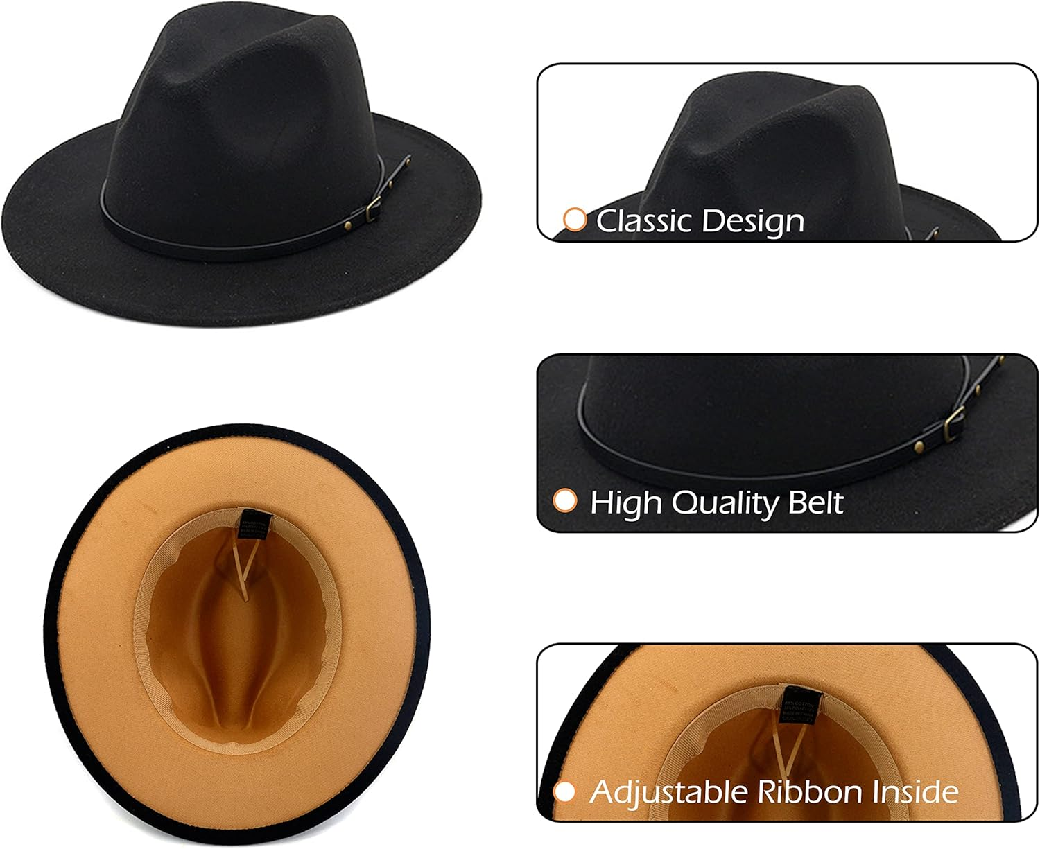 Gossifan Womens & Mens Two Tone Wide Brim Fedora Hats with Classic Belt Patchwork Felt Hats - B-Belt Black/Royal Blue image number 4