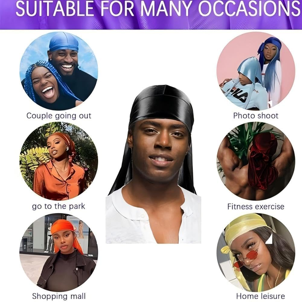 Quxyxso Silky Durag Caps Headwraps with Long Tail，4 Pack Unisex Satin Durags Wide Straps Headwraps for Men Women Pirate Caps Head Wrap Beanie Hats Waves Silky Durag Cap Black image number 4
