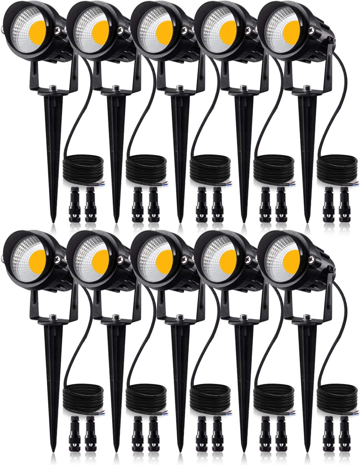 SUNVIE 12W Low Voltage LED Landscape Lights with Connectors, Outdoor 12V Super Warm White (900LM) Waterproof Garden Pathway Lights Wall Tree Flag Spotlights with Spike Stand (10 Pack with Connector) image number 2