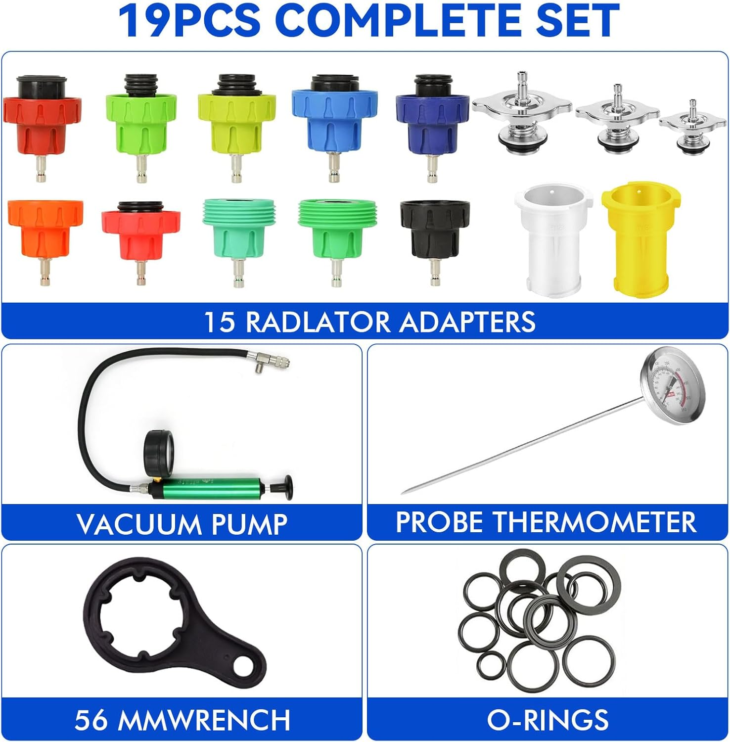 19PCS Radiator Pressure Tester Kit with 15 Adapters, Hand Pump, Probe Thermometer, Wrench & O-Rings &ndash; Cooling System Pressure Tester Kit Universal Coolant Pump Leak Detector for Cars, Suvs & Trucks image number 6