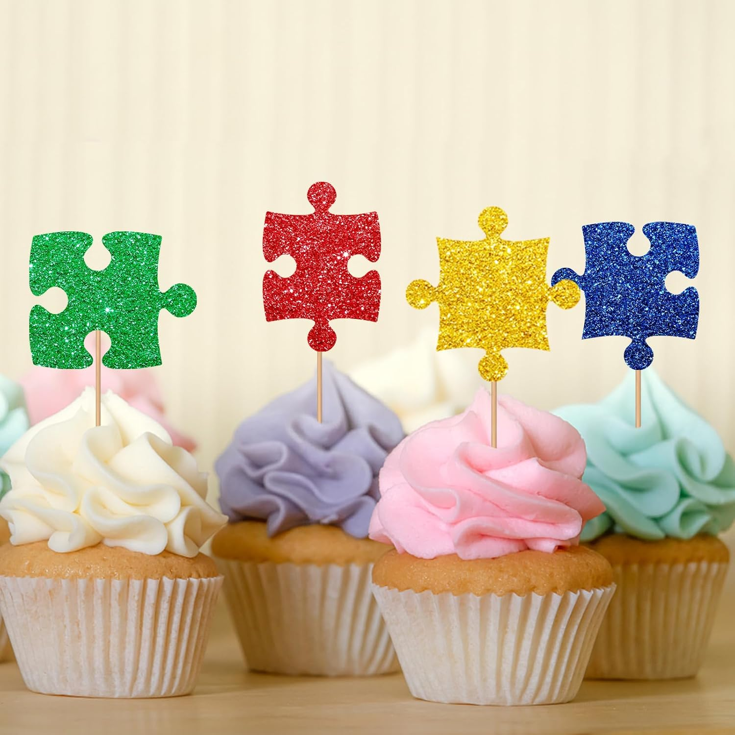 24Pcs Puzzle Cupcake Toppers, Primary Colored Puzzle Cupcake Toppers, Colorful Glitter Puzzle Cake Decoration for Baby Shower, Kids Birthday/Autism Themed Party Supplies image number 2