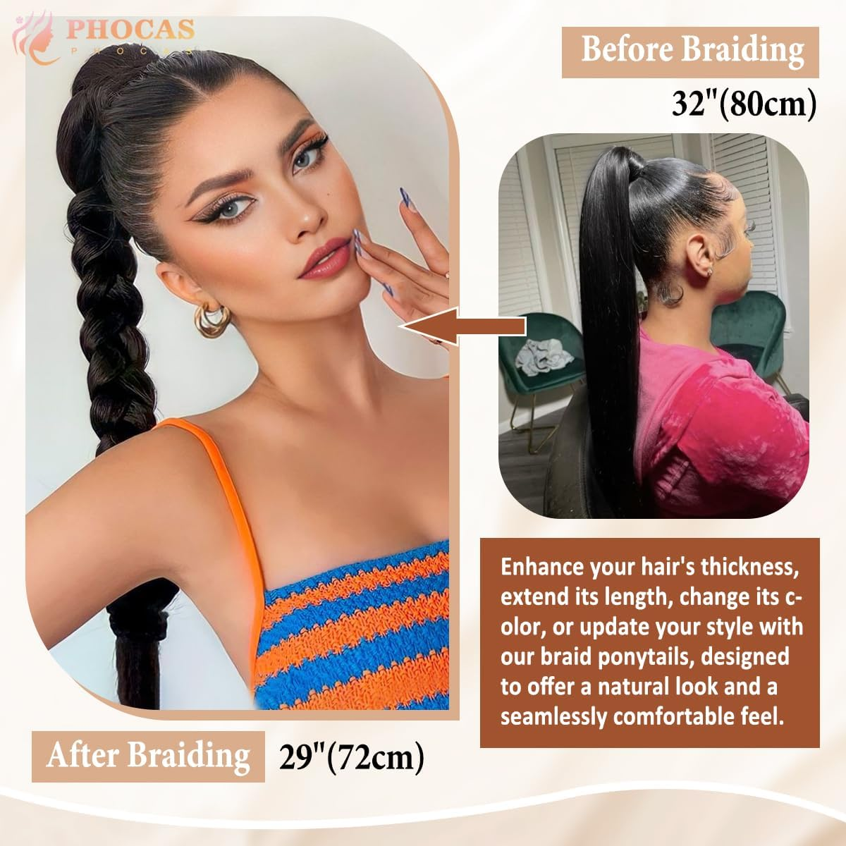 PHOCAS Long Braided Ponytail Extension with Hair Tie 32'' DIY Synthetic Ponytail Hair Extensions Ponytail Hair Pieces for Women Daily Wear(Black) - A-Black image number 5