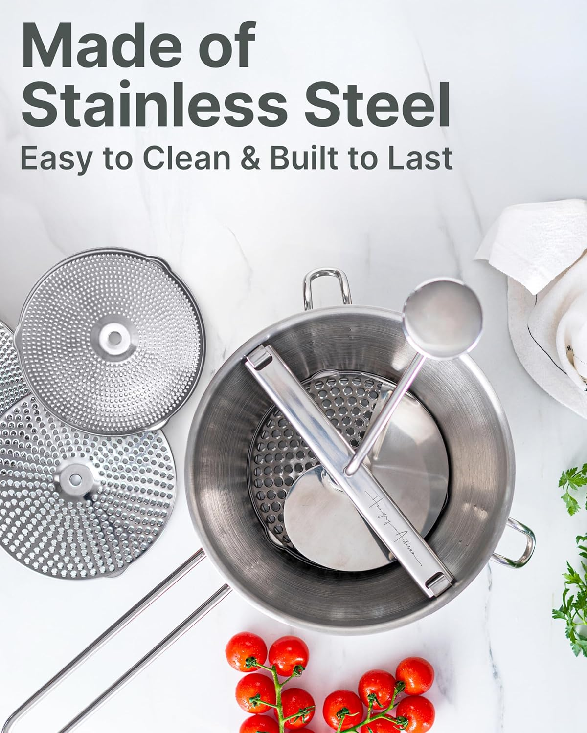 Upgraded 4-Disc Stainless Steel Food Mill &ndash; Ergonomic Rotary Design for Tomato Sauce, Applesauce, Baby Food, Mashed Potatoes, Jams, and More image number 3